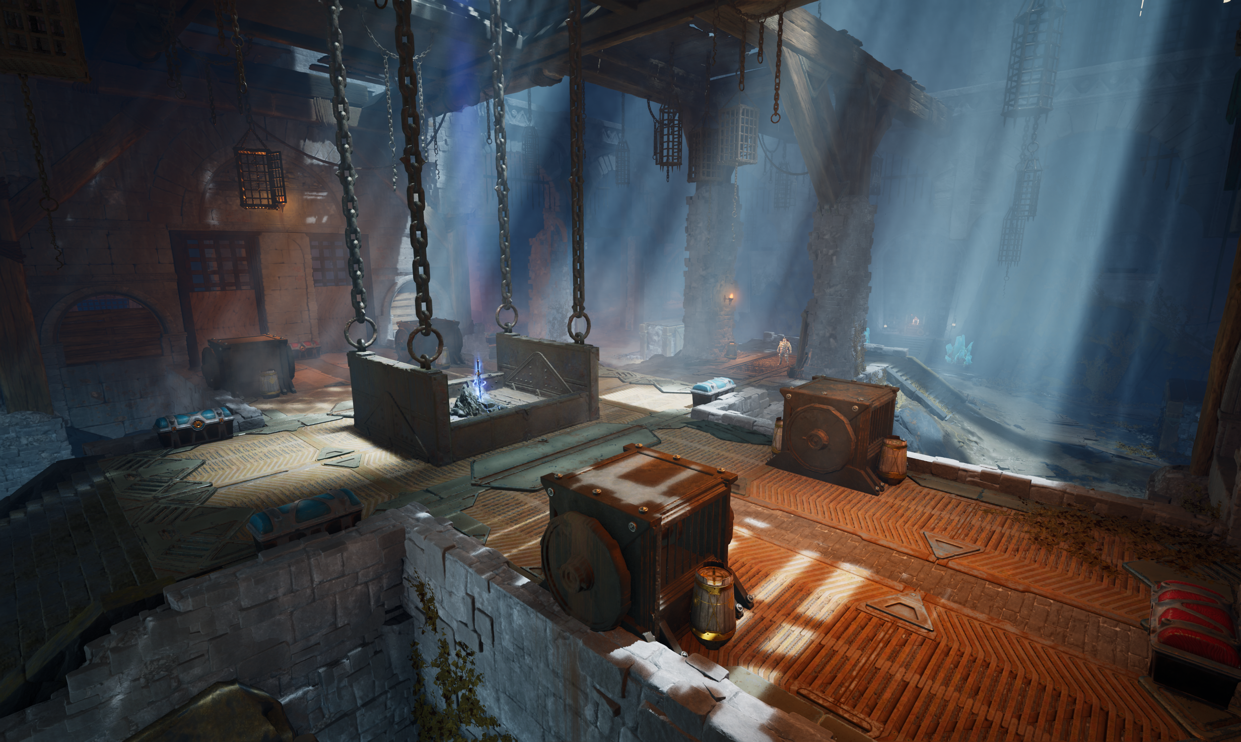 A fantasy video game environment of a partially ruined, medieval-style hall with chains hanging from the ceiling, crates, and a glowing blue crystal, illuminated by beams of light