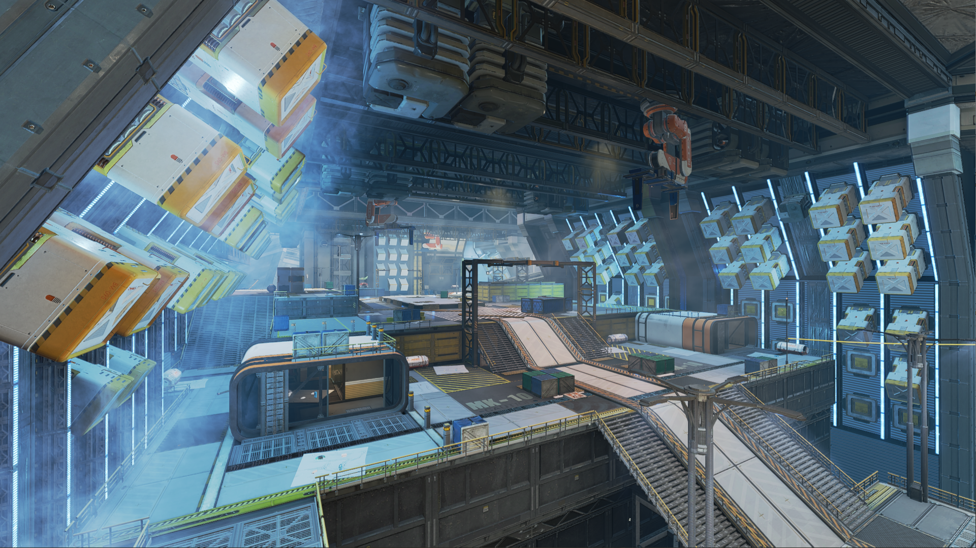 Interior of a futuristic space station or spaceship hangar with large cargo containers, robotic arms, and sliding doors, illuminated by blue and white lights.