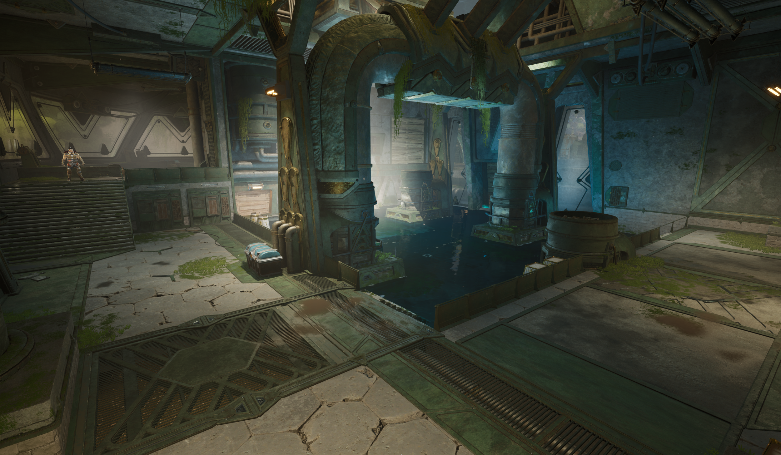 Interior of a futuristic, abandoned spaceship or space station with industrial architecture, a pool of water, moss, and a lone figure sitting on stairs in the background.