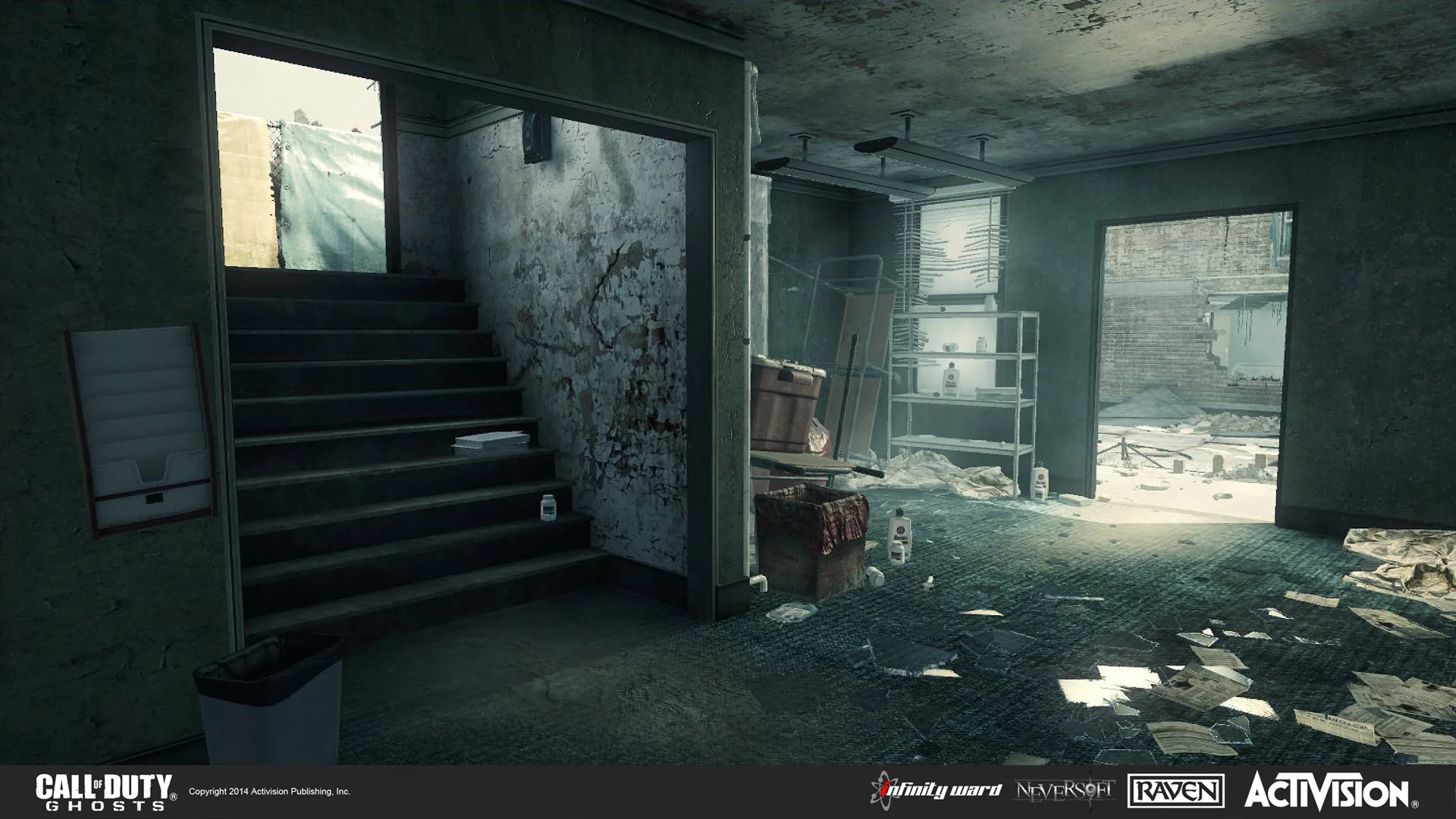 Interior of a dilapidated building with a staircase on the left, scattered papers and bottles on the floor, and a partially open door leading outside with debris visible outside.