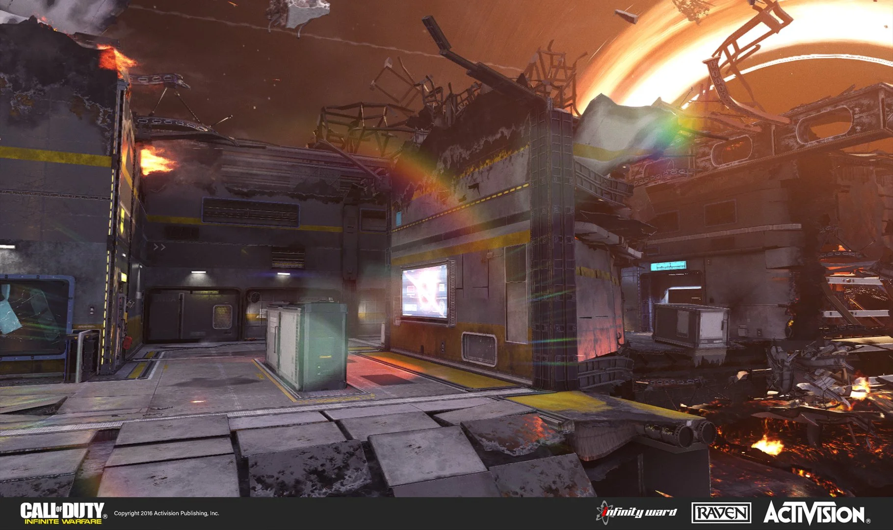 Futuristic space station with damaged structures, fire, and debris, set against a fiery orange sky with a large celestial body.