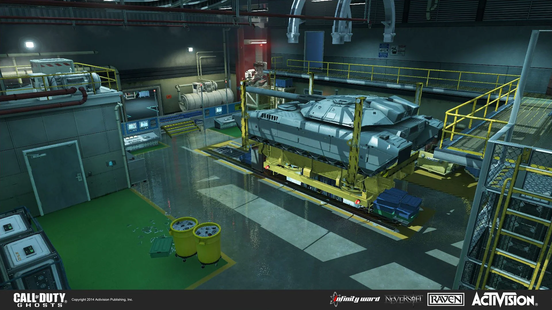 A large military tank is positioned on a yellow platform inside an industrial workshop with yellow safety railings and control panels, in the video game Call of Duty: Ghosts.