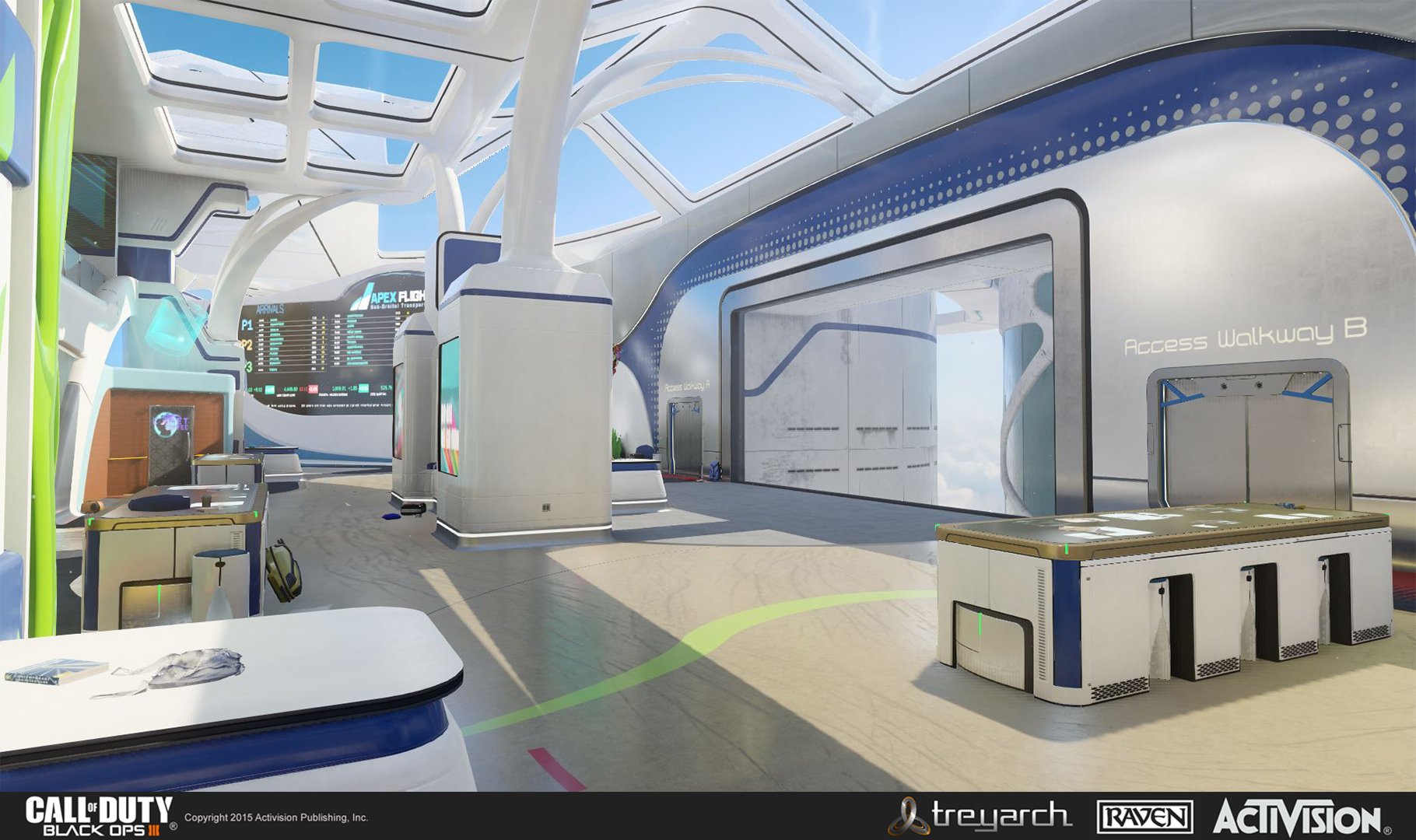 Interior of a futuristic building with sleek white and blue design, large windows, and digital information displays, related to the game Call of Duty: Black Ops III.