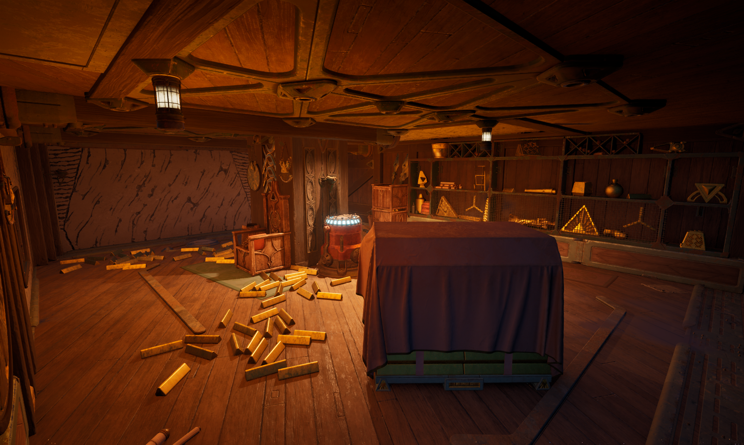 A room with wooden walls and ceiling, scattered wooden blocks on the floor, a covered table or bed in the center, and shelves with various objects on the back wall.
