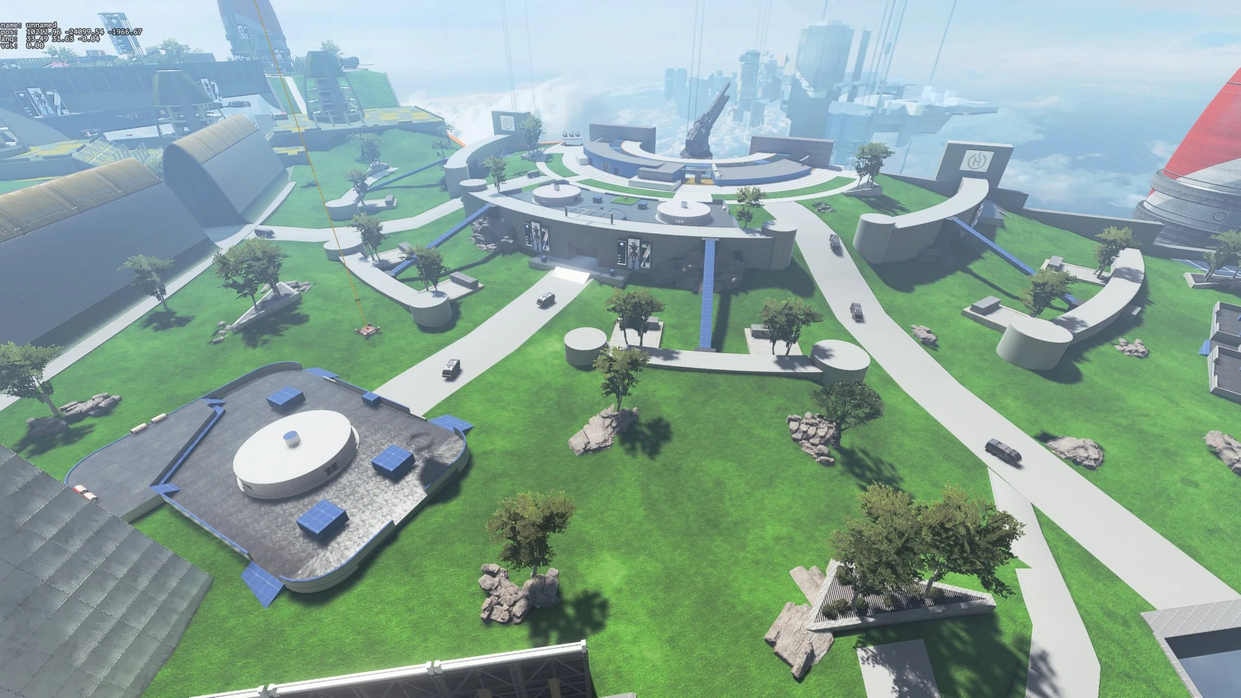 A futuristic city landscape with curved pathways, modern buildings, green spaces, trees, and vehicles, viewed from an elevated perspective.