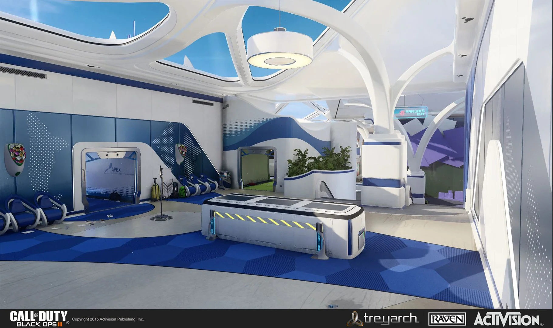 Interior of a futuristic sports facility with blue and white color scheme, featuring lounge chairs, a small golf practice area, plants, and a circular ceiling light.