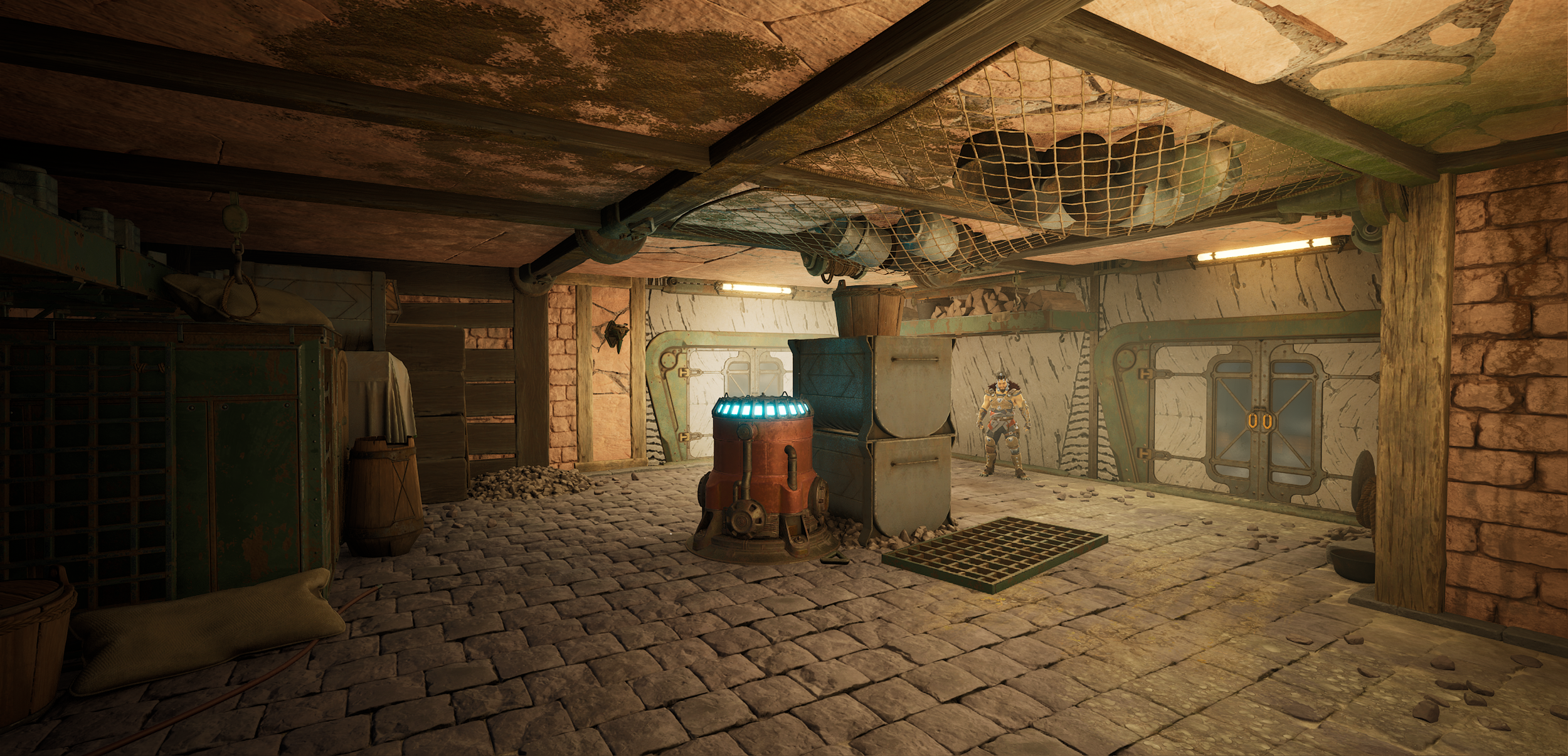A rustic underground room with brick and wooden walls, cobblestone floor, a small robot with blue lights, and a humanoid figure in armor standing near a large door.
