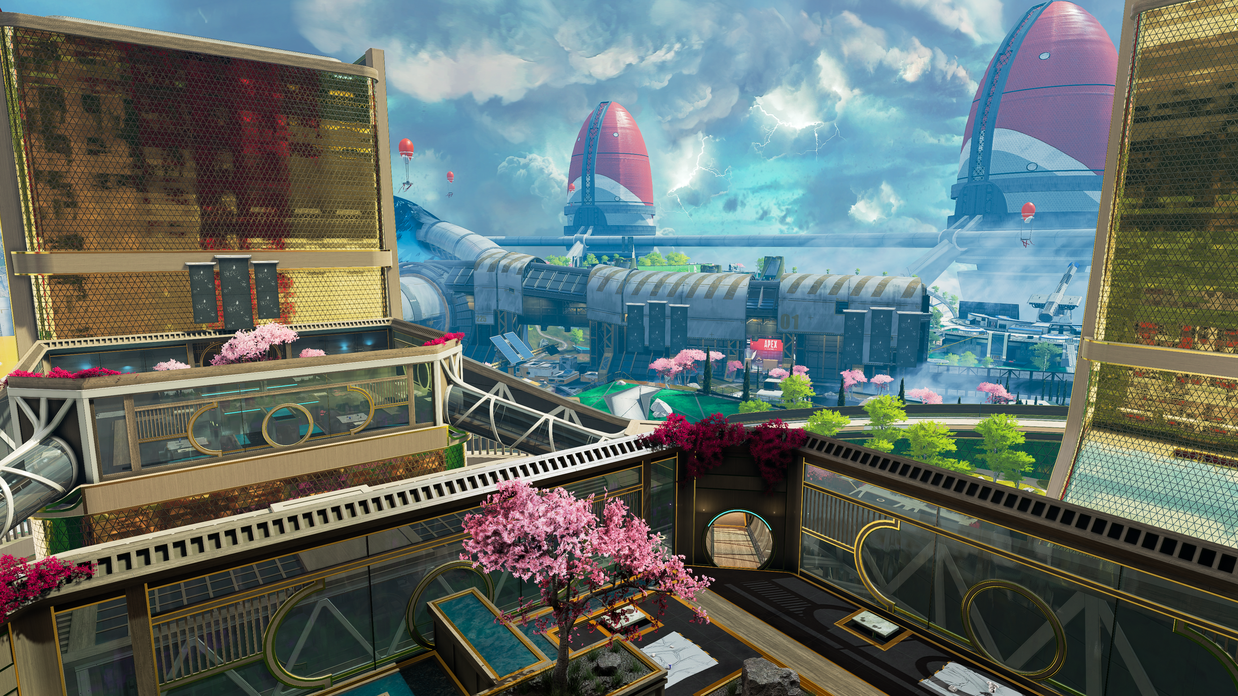 Futuristic cityscape with large domed structures, pink cherry blossom trees, and advanced buildings featuring glass and metallic elements, overlooking a sky with lightning.