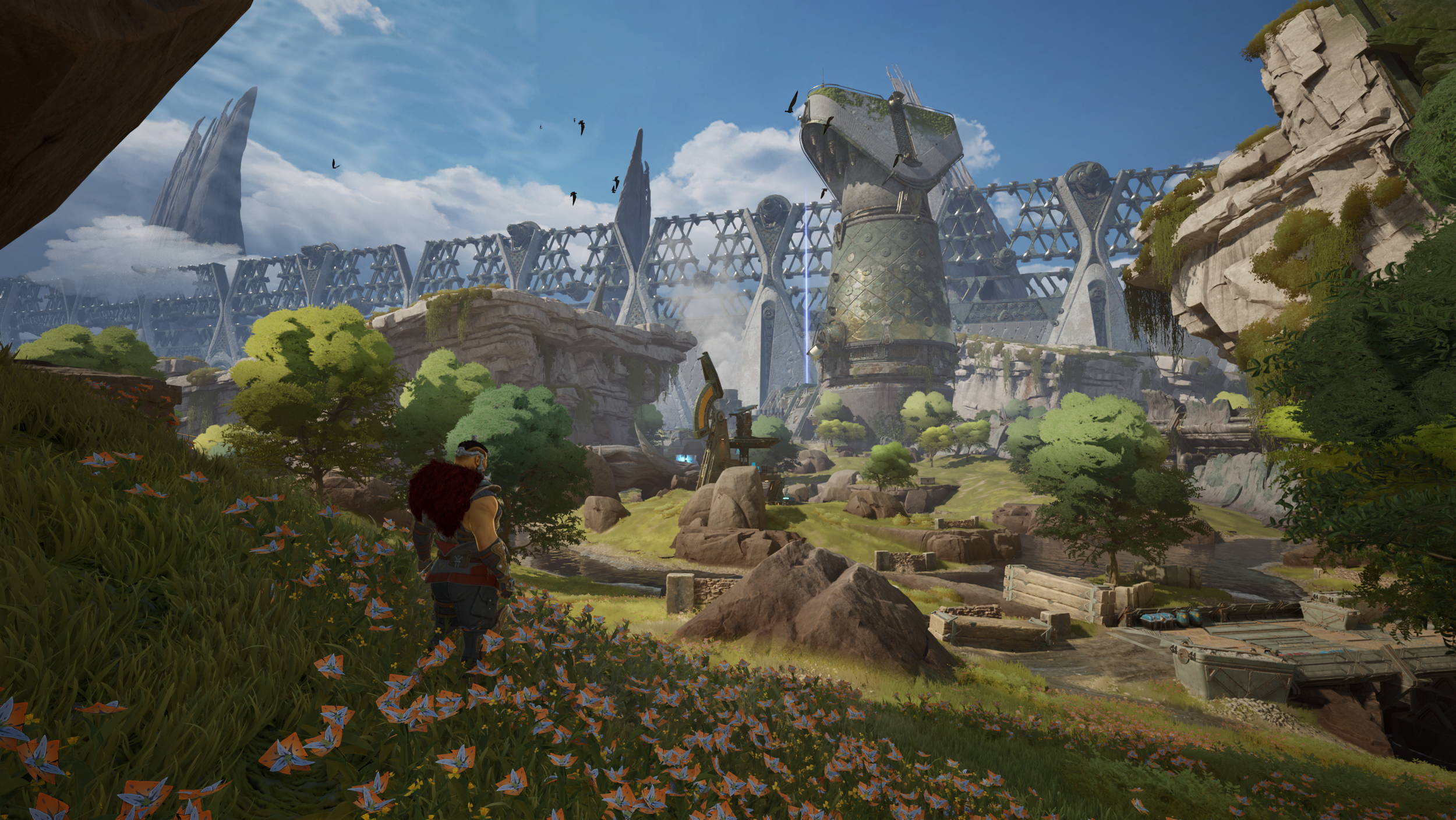 A character standing in a lush green landscape with trees and flowers, overlooking a futuristic city with large structures and a bridge connecting different parts of the city.