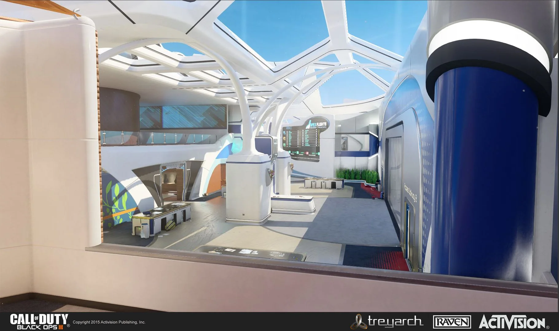 Futuristic indoor space resembling an airport or sci-fi terminal with sleek white architecture, a large digital flight information display, and modern seating.