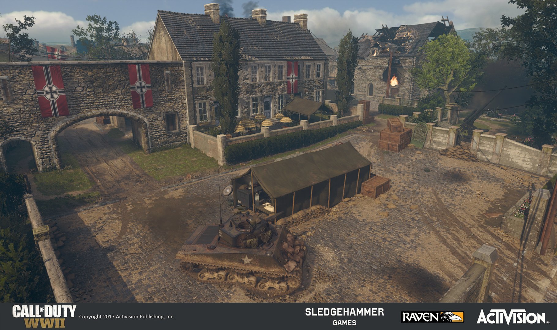 A scene from the video game Call of Duty WWII featuring a military tank in a courtyard with buildings decorated with Nazi flags, a damaged structure, and a crane in the background.