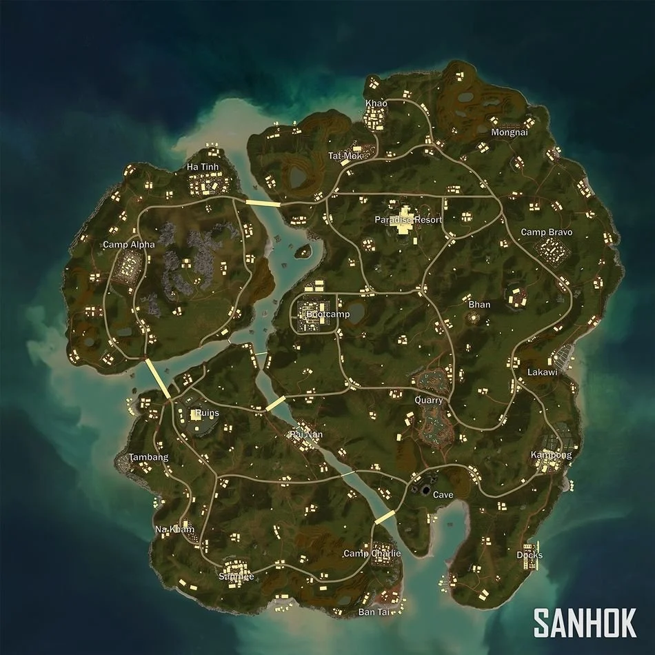 Map of Sanhok from a video game showing various locations and roads.