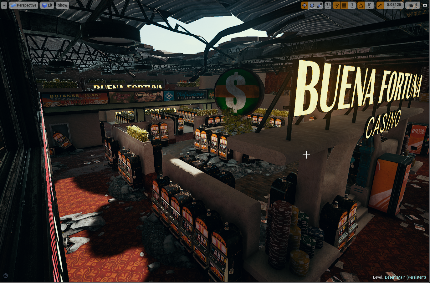 Interior of a casino called Buena Fortuna with slot machines and a neon sign.