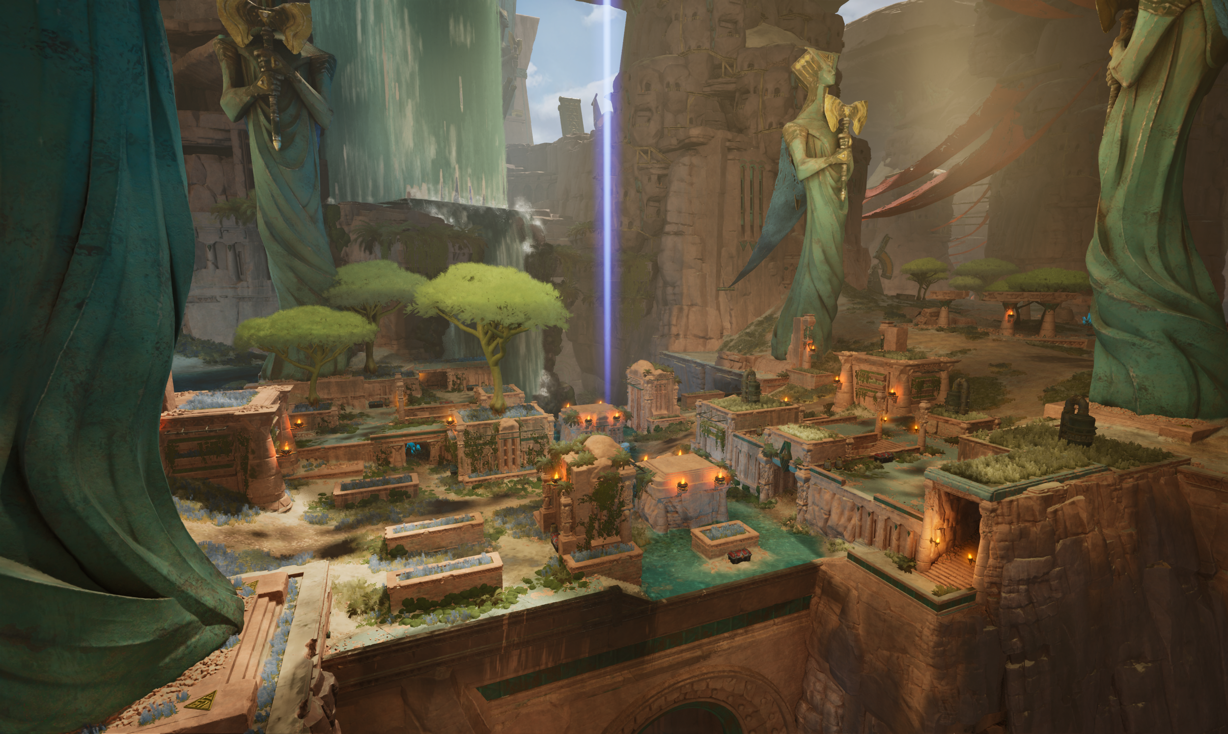 A detailed fantasy landscape with large green statues, waterfalls, a beam of blue light, lush trees, and ancient ruins in a canyon, illuminated by warm lights.