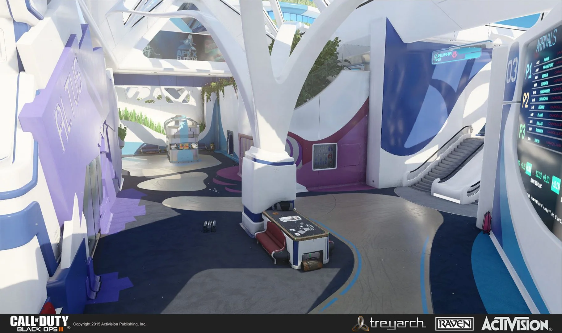 A futuristic airport scene with a digital flight information display, stairs, and a modern design interior.