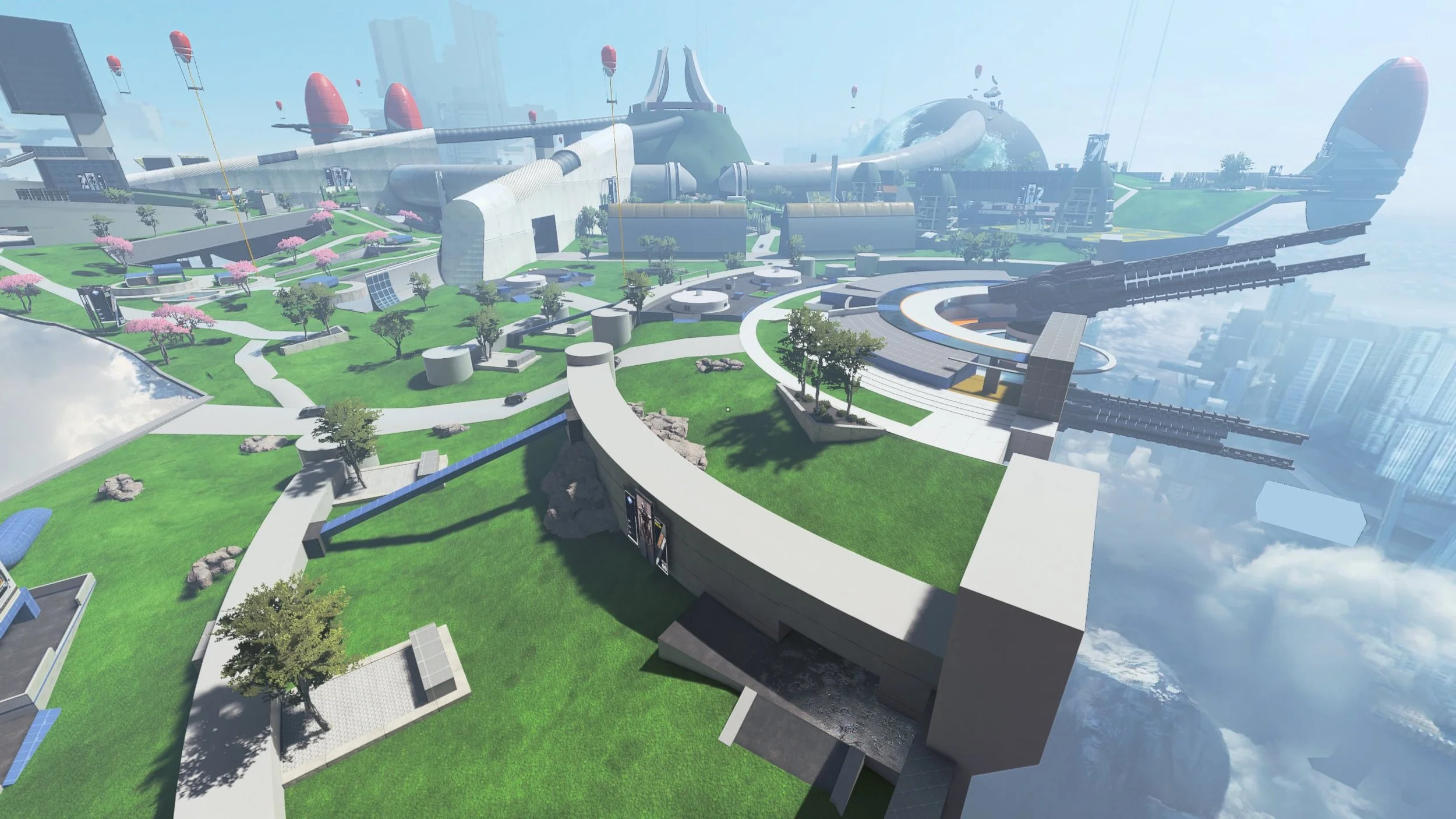 A futuristic cityscape with skyscrapers, green parks, pathways, and large floating structures in the sky.