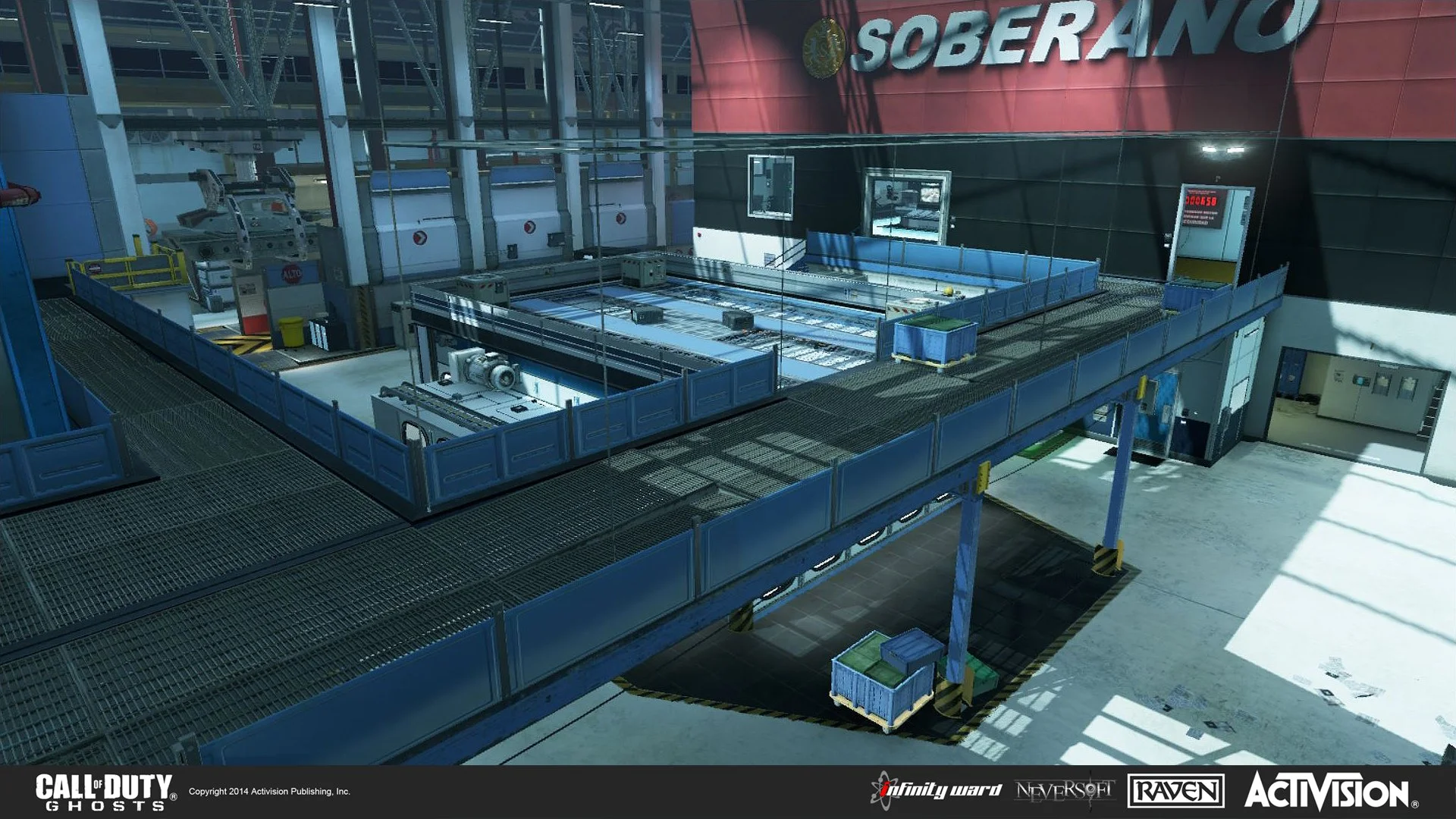 A futuristic airport terminal with a large red wall displaying the word 'SOBERANO' and an American eagle emblem. The area has an elevated blue walkway, some crates, and machinery, with sunlight streaming through large windows casting shadows on the f