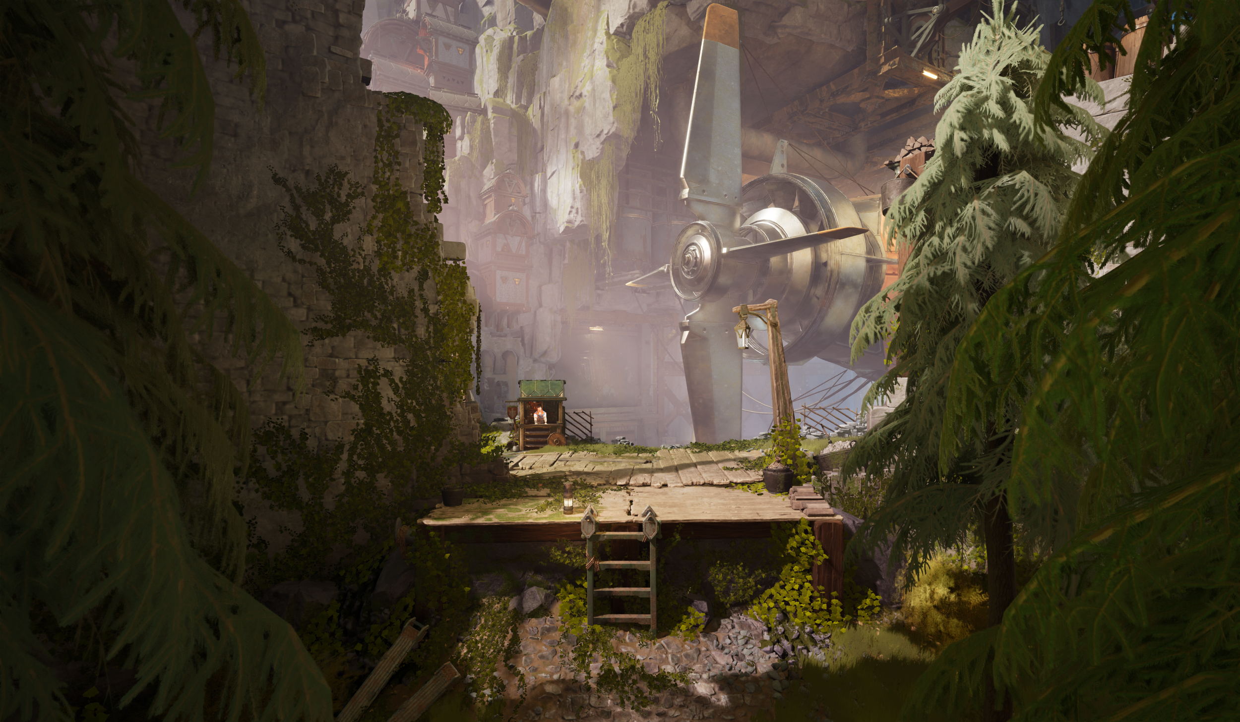 A scene with a large aircraft crashing into a city built into a cliff, seen from a hidden vantage point surrounded by lush green trees and plants.