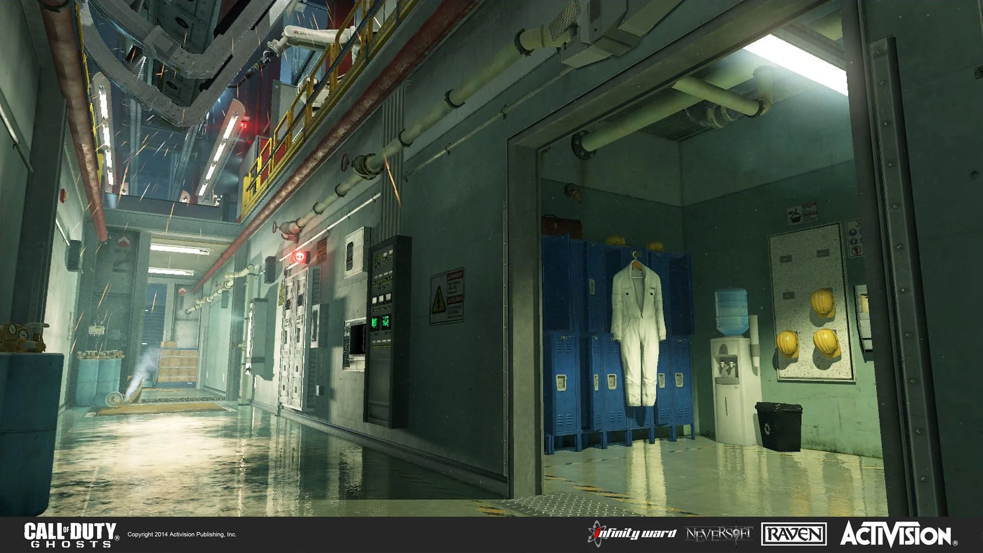 Industrial hallway with lockers, a white jumpsuit hanging, water cooler, yellow helmets, and control panels, with warning signs and pipes overhead.
