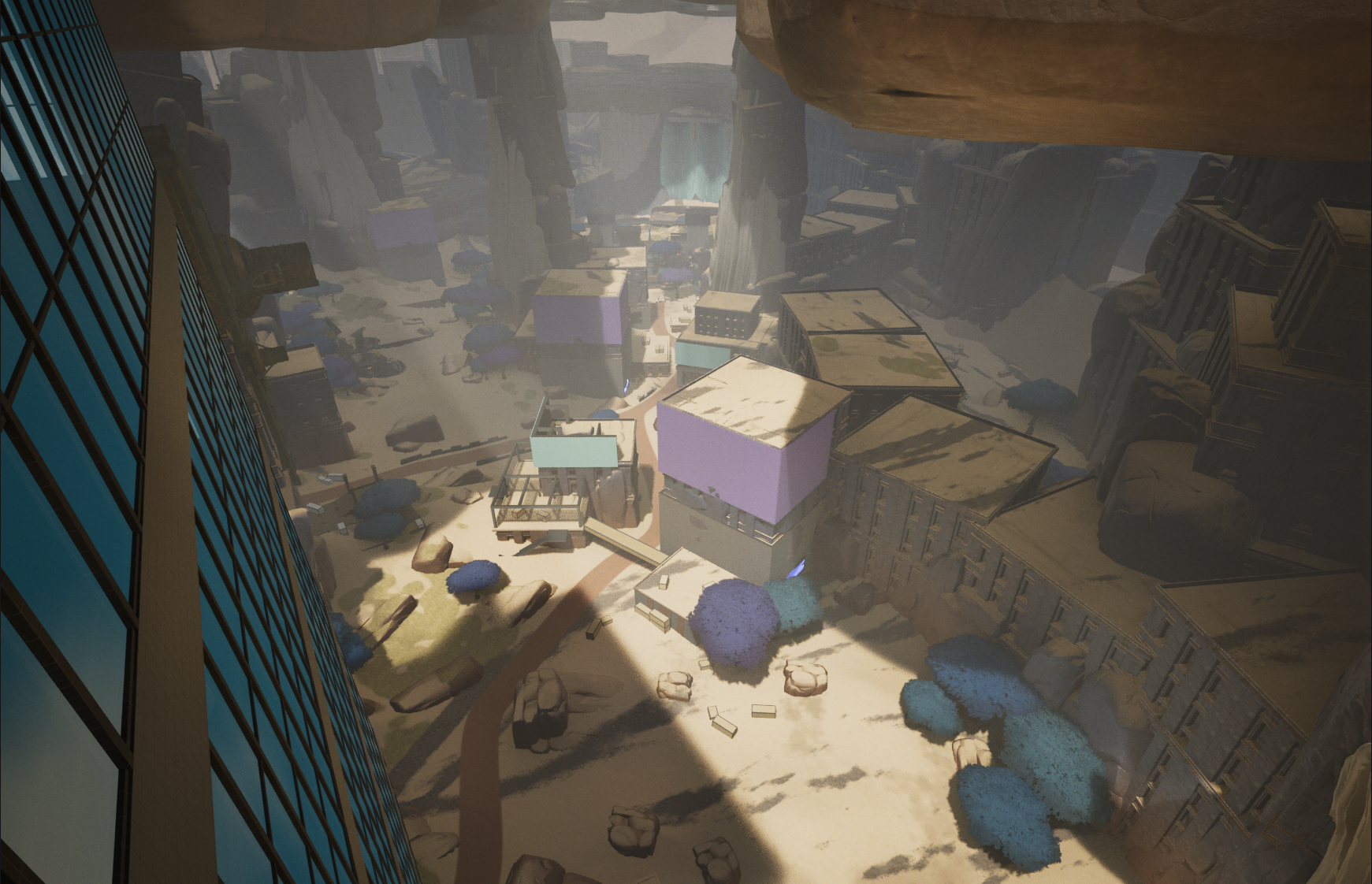 A cityscape with tall modern buildings, rocky terrain, scattered rocks and blue trees, viewed from a high vantage point.