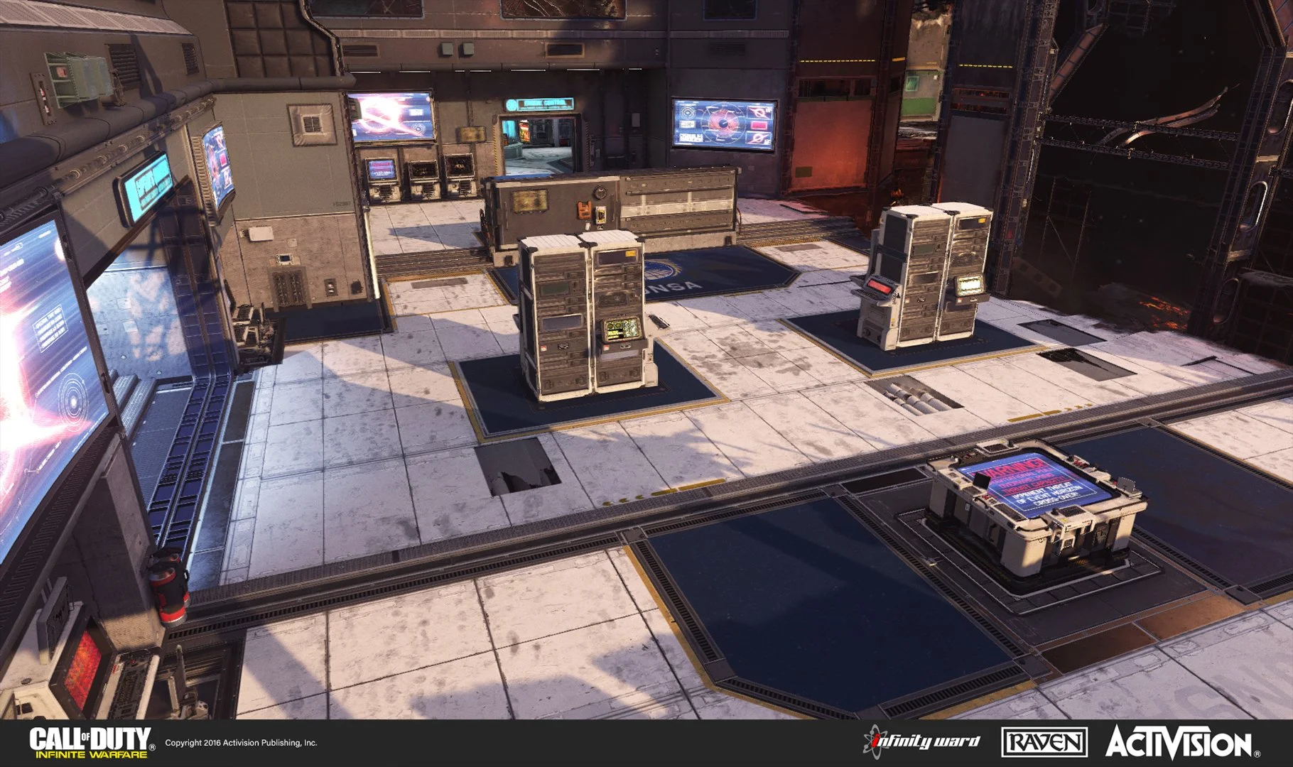 Futuristic space station with servers, control panels, and monitors, featuring white tiled flooring, metallic structures, and a view of space in the background.