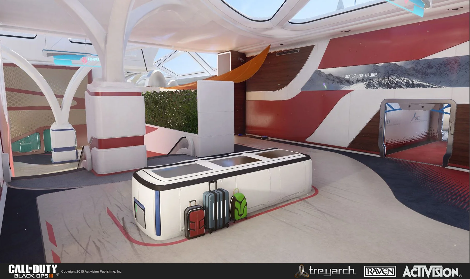 Futuristic airline terminal interior with luggage at the check-in counter, geometric design, curved architecture, and promotional signage for StratOpsphere Airlines.