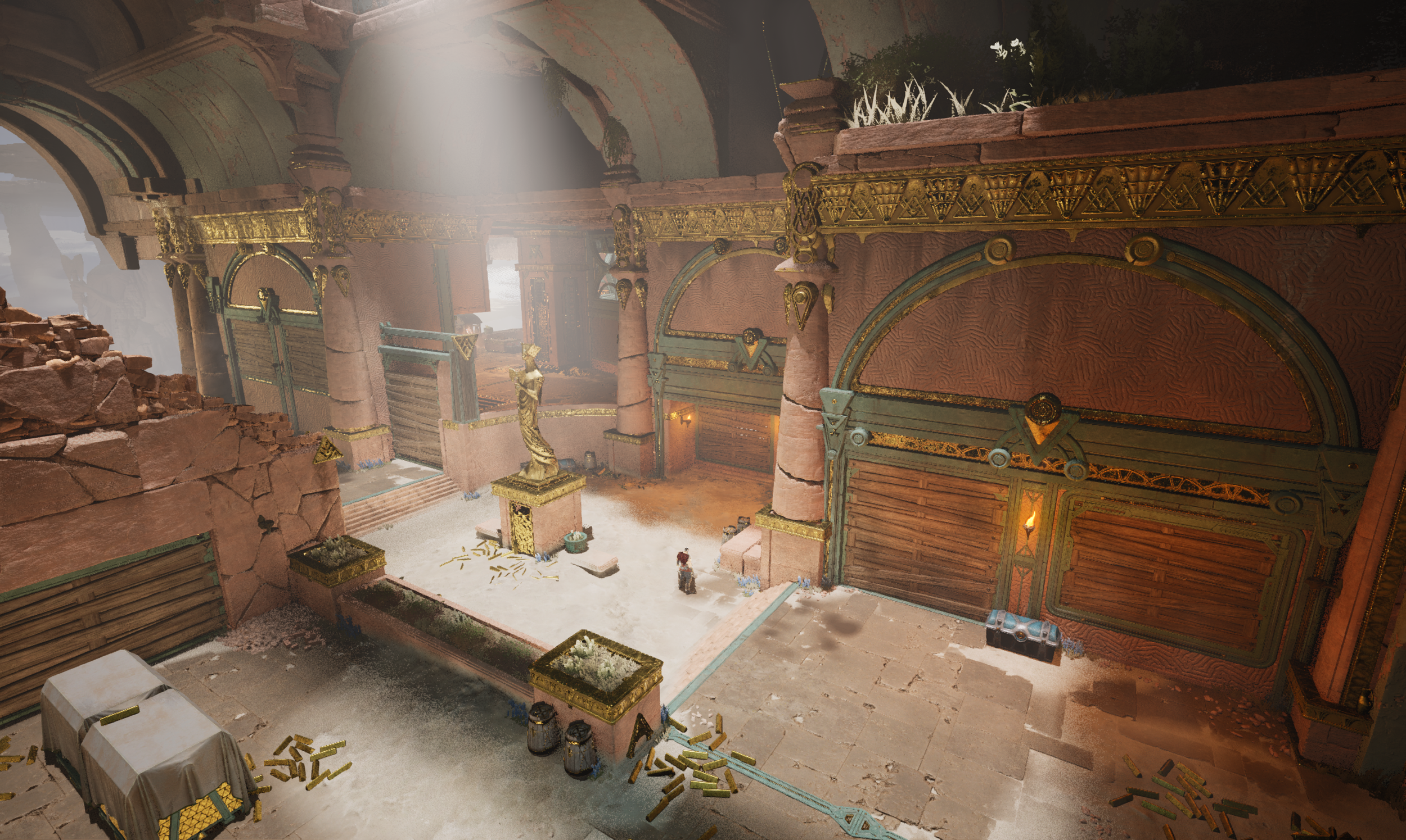 Interior of an ancient Roman-style building with large arched doorways, stone columns with gold accents, and scattered items such as ammunition, crates, and a statue of a woman holding a staff. Dust particles and sunlight streaming in create a faded,