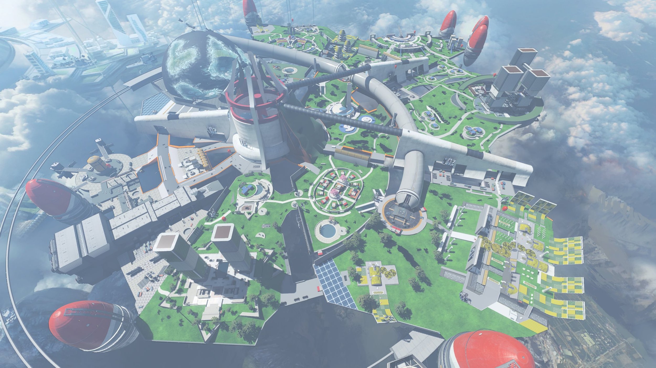 A futuristic cityscape floating in the sky with various buildings, pathways, green spaces, and several large rocket-like structures