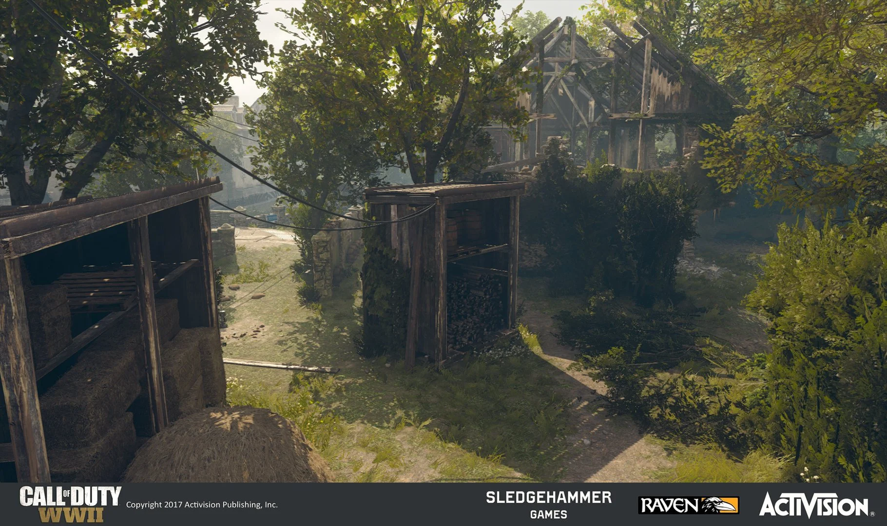 In-game scene from Call of Duty WWII: Sledgehammer Games, Raven, Activision. A dilapidated wooden house surrounded by trees and bushes, with a dirt path leading to it.