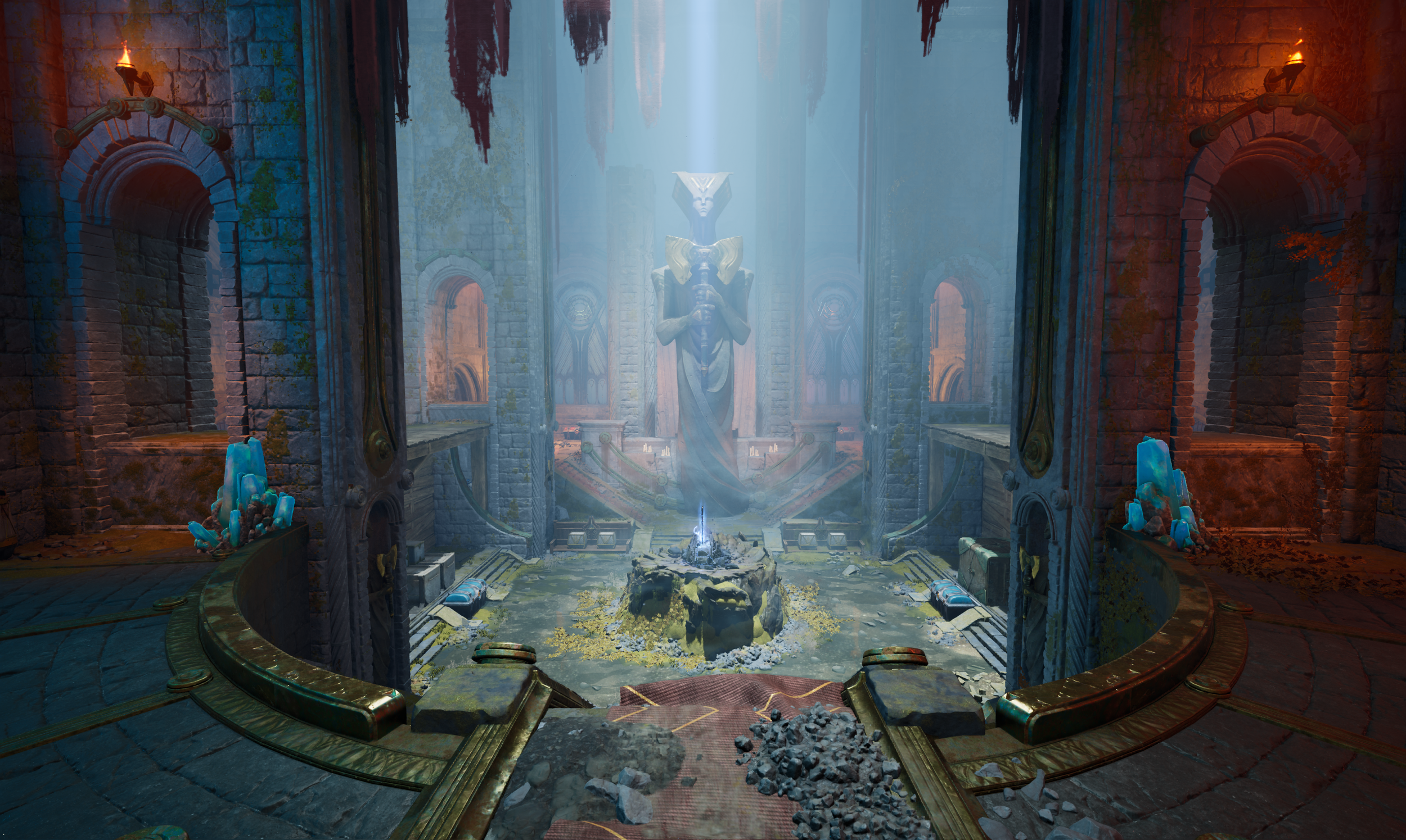 Interior view of a grand, ancient stone hall with arched windows, lit torches, and a central statue of a robed figure holding a sword. The hall appears to be in disrepair with rubble and debris scattered on the floor.