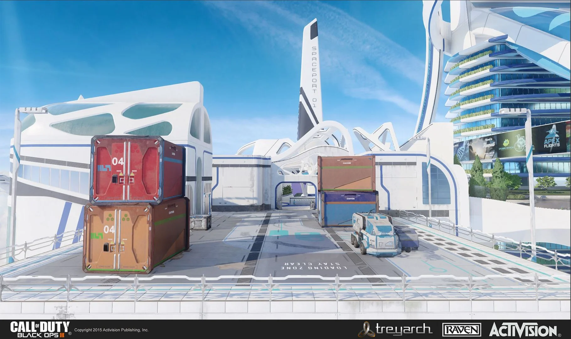 Futuristic spaceport with advanced architecture, shipping containers, and a robot vehicle, in a sci-fi city setting from Call of Duty: Black Ops III.