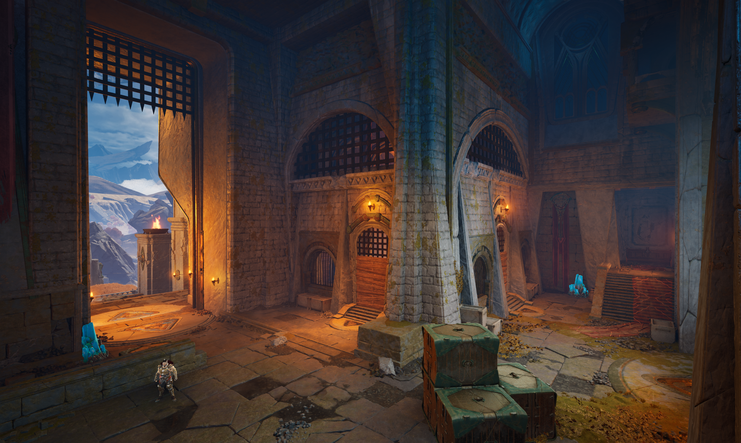 Interior of a fortress with stone walls and an open doorway showing mountains and sky, dimly lit with wall-mounted torches, with crates on the floor and a small creature standing near the bottom left corner.