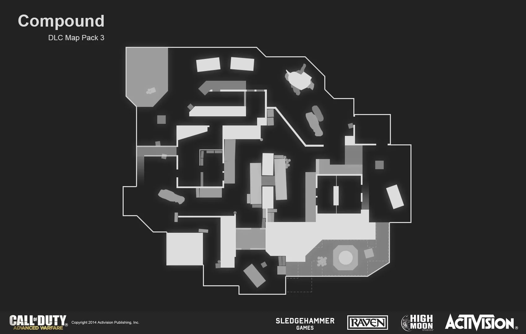 Black and white map layout of a video game level called Compound from Call of Duty: Advanced Warfare, including various rooms, pathways, and outdoor areas.
