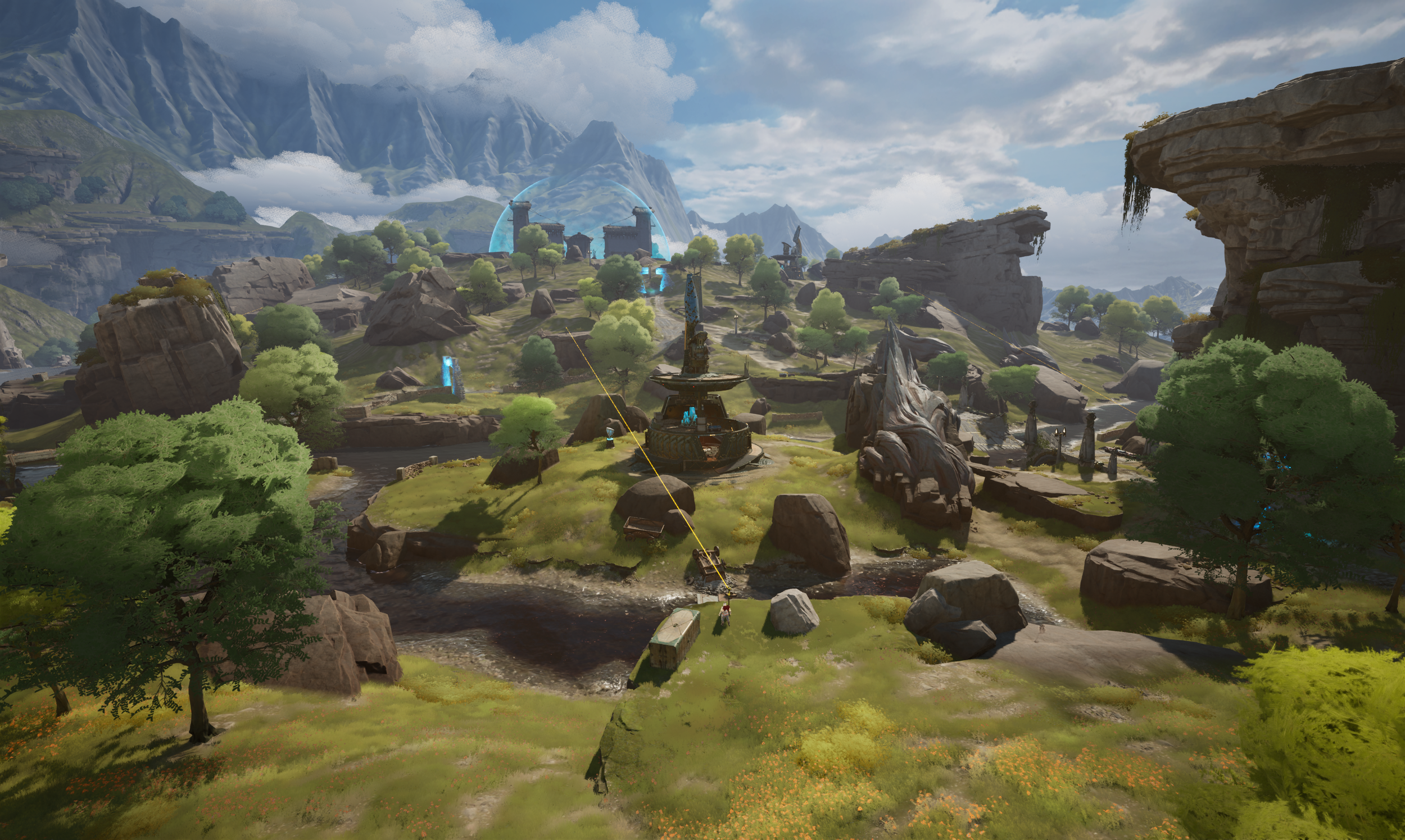 A detailed landscape scene from a video game showing green grass, rocks, trees, a river, and distant mountains under a partly cloudy sky with futuristic structures and triangular balloons.