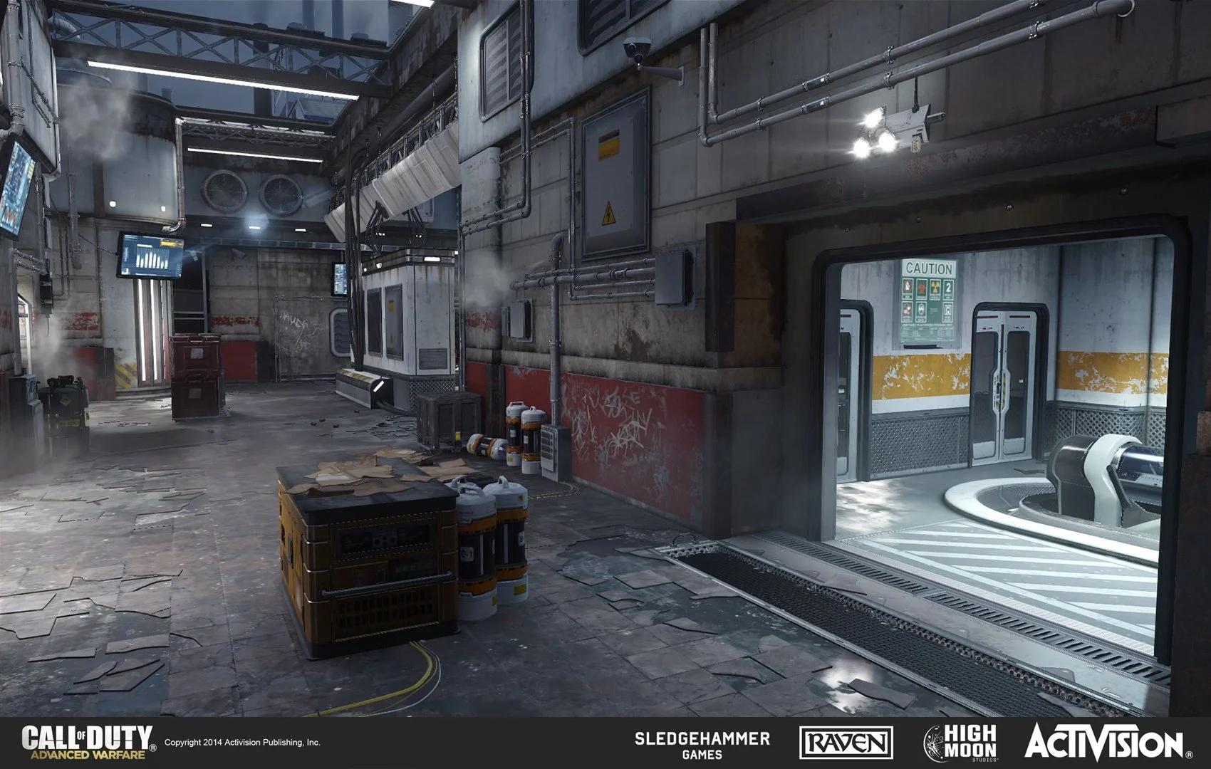 Abandoned, damaged futuristic industrial room with scattered papers, containers, industrial equipment, and an open doorway leading to a corridor with yellow and white stripes.