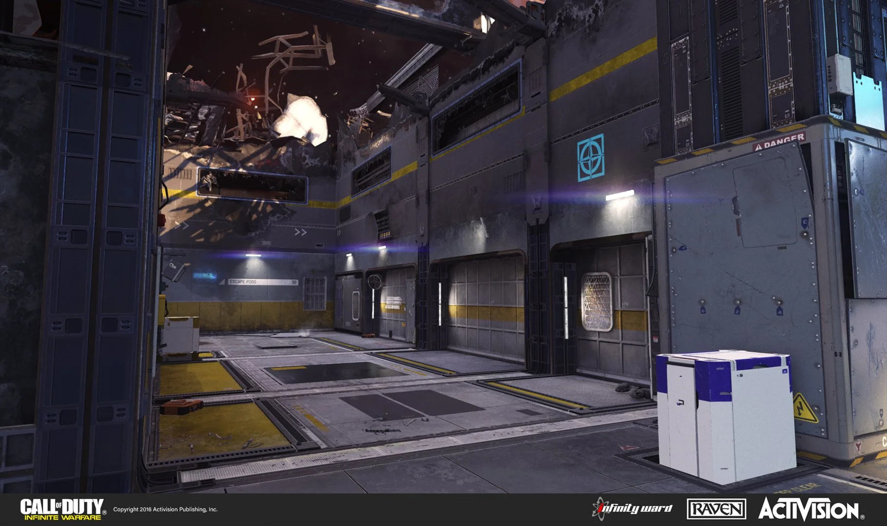 Empty futuristic spaceship interior with metallic walls, yellow safety lines, and a white crate, with a damaged exterior view of space debris and stars seen through an opening.