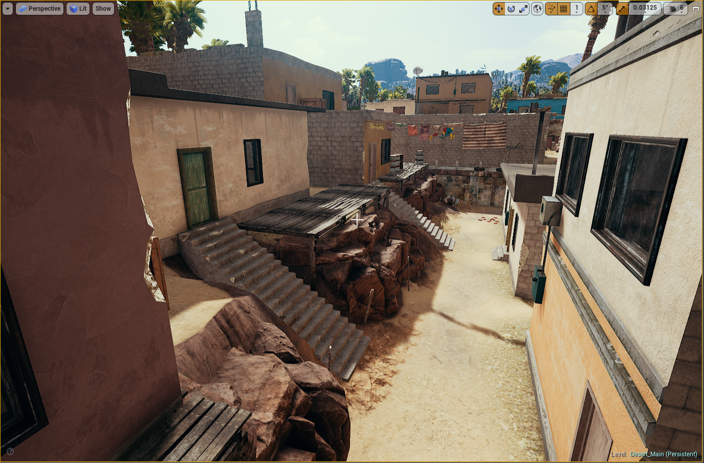 A virtual environment of a desert-style neighborhood with multi-story buildings, stairs, and laundry hanging on a clothesline.