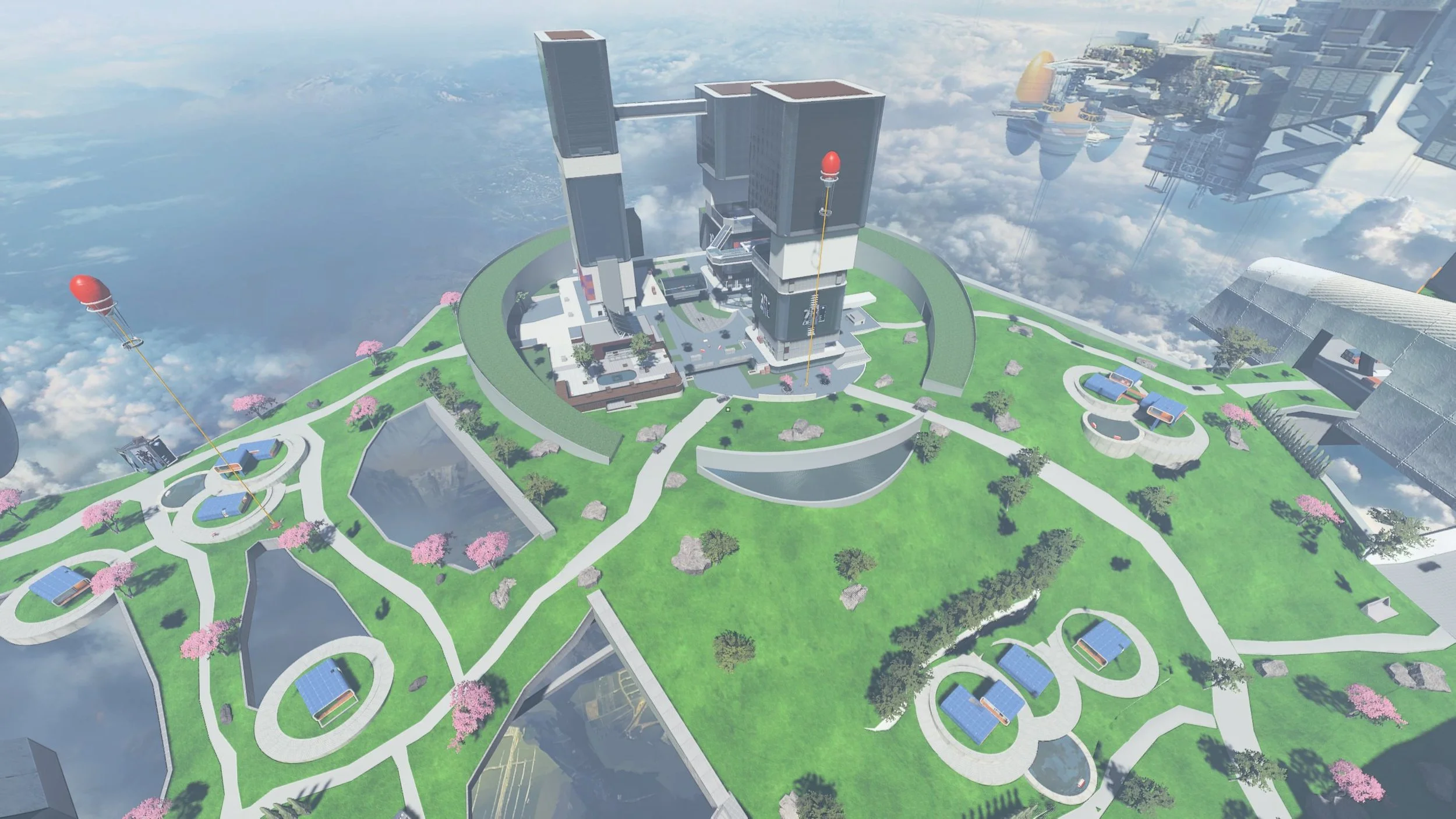 Futuristic space station in the sky with green landscaped area, pink cherry blossom trees, solar panels, pathways, tall buildings, and satellite balloons.