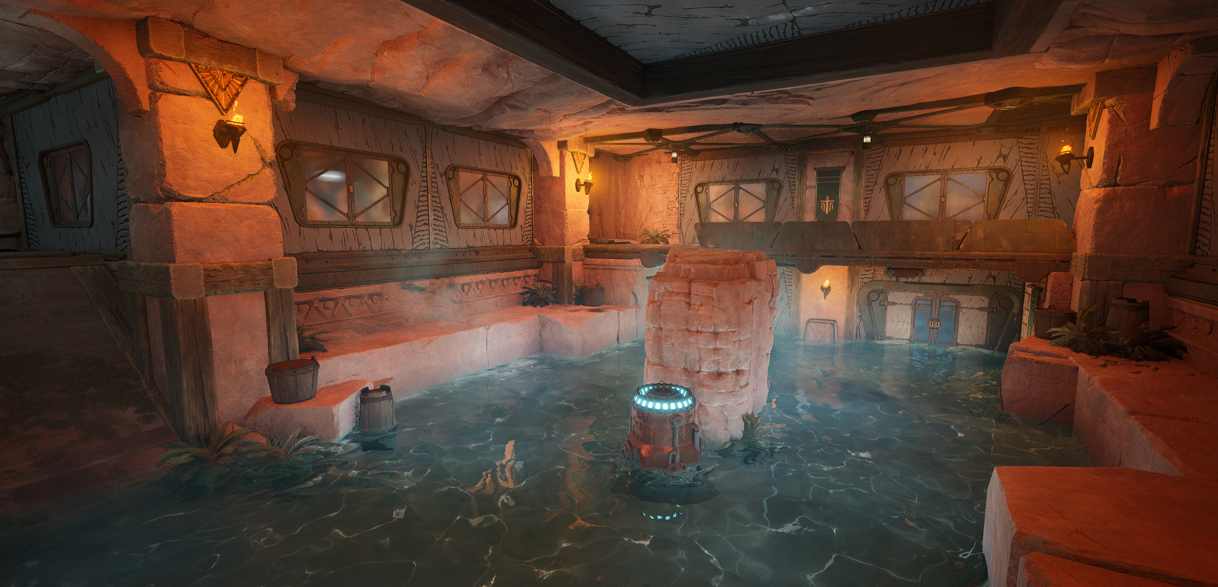 Indoor hot spring with rocky walls, wooden accents, and glowing lights, featuring a small waterfall and steam rising from the water.