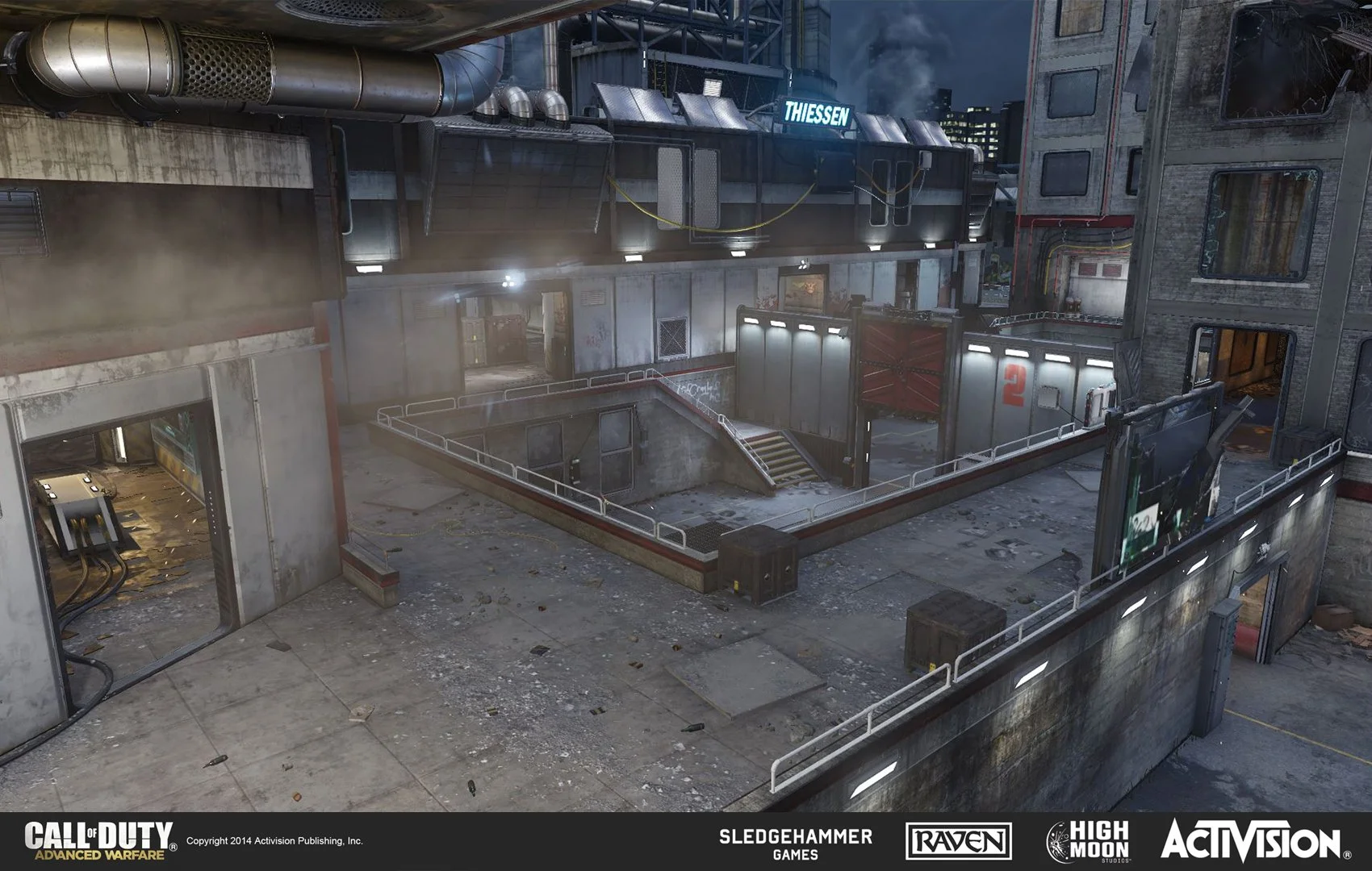 A military-style armored area with stairs, metal walls, pipes, and a dirt-covered ground, from the video game Call of Duty: Advanced Warfare, featuring a rooftop scene.