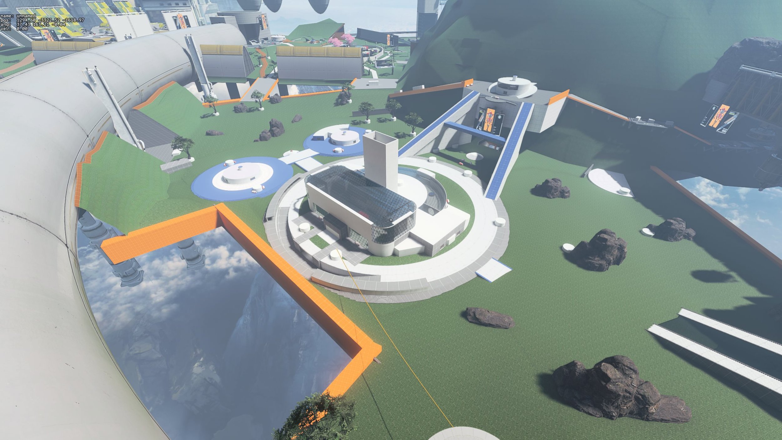 Futuristic cityscape with modern buildings, green parks, rocky features, and space platforms in a sci-fi environment.