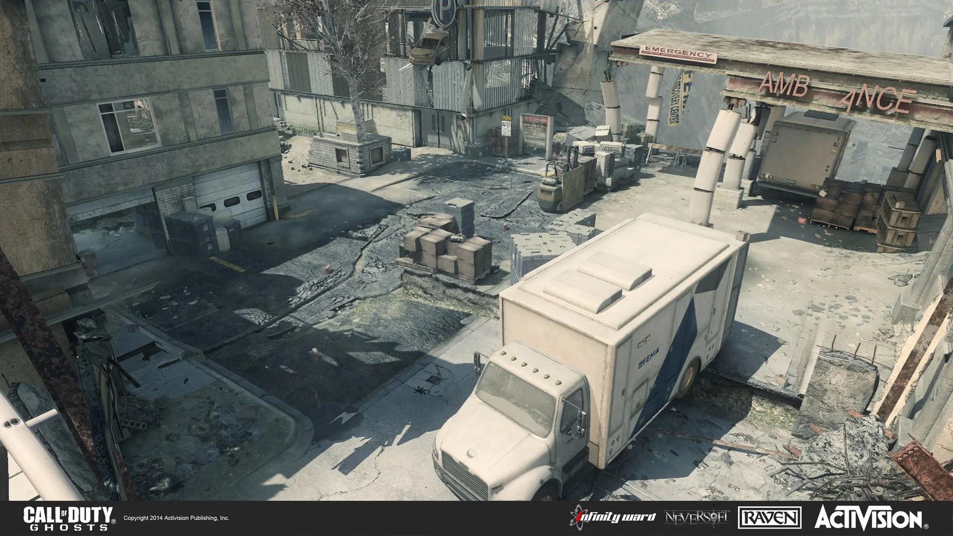 An abandoned, damaged city street with debris, abandoned boxes, and a large white delivery truck, near a building with a makeshift emergency entrance sign.