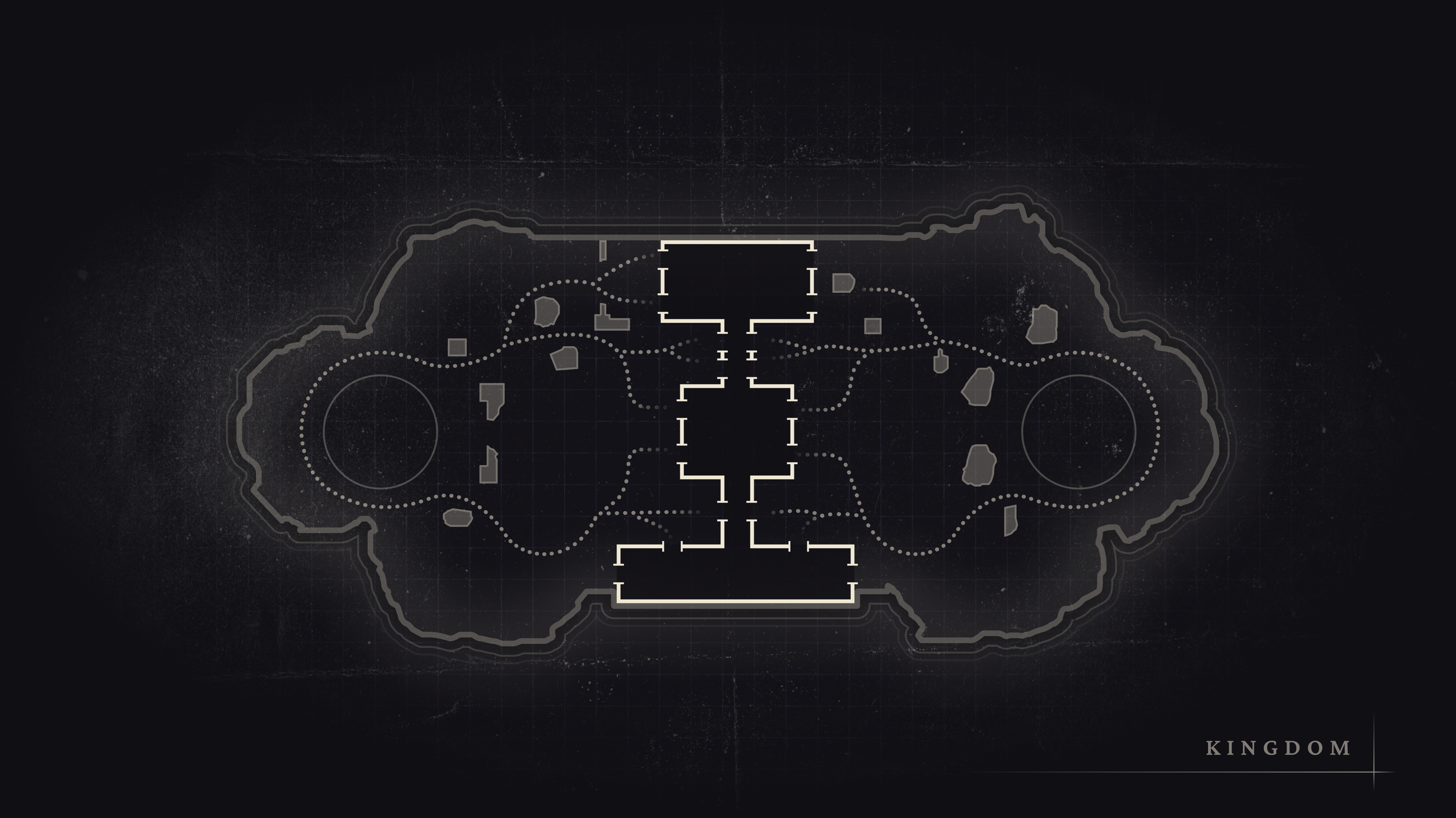 A detailed, symmetrical map layout with pathways, rooms, and two large circular areas on either side, labeled 'KINGDOM' in the bottom right corner.