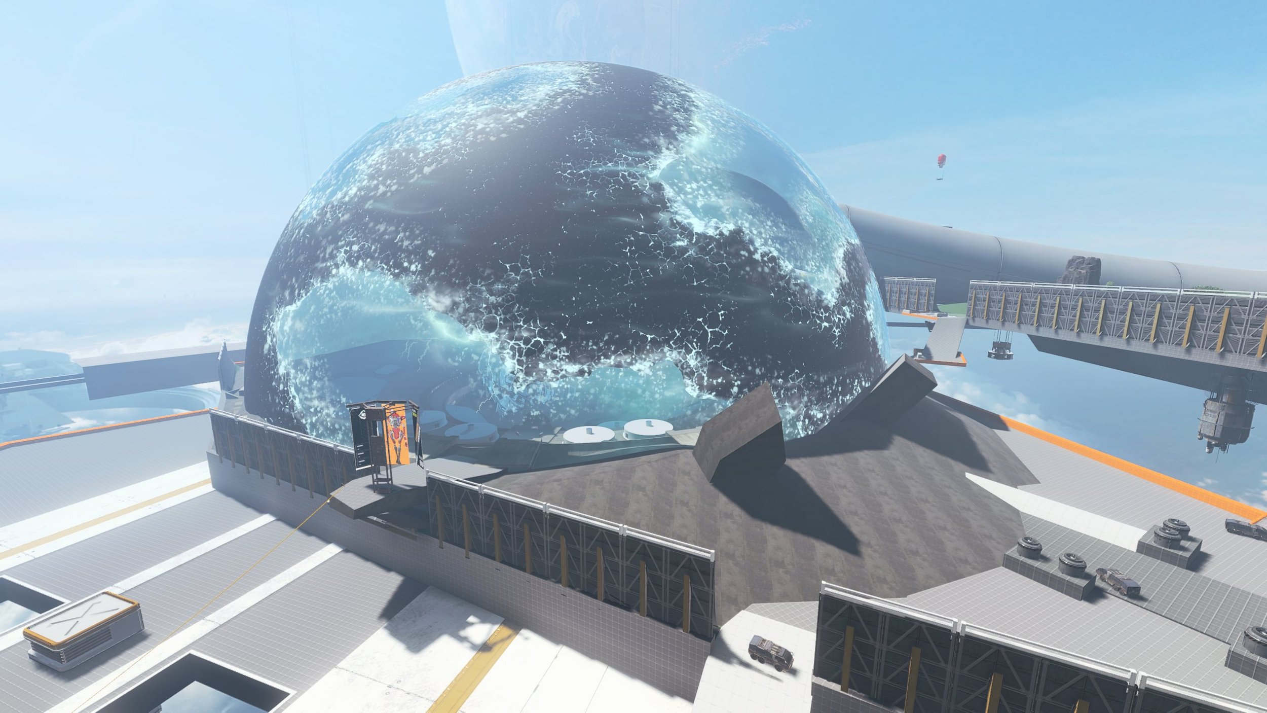 A large futuristic installation of a glass globe with a digital Earth inside, situated on a platform with industrial structures and walkways. The scene appears to be in a high-altitude environment.
