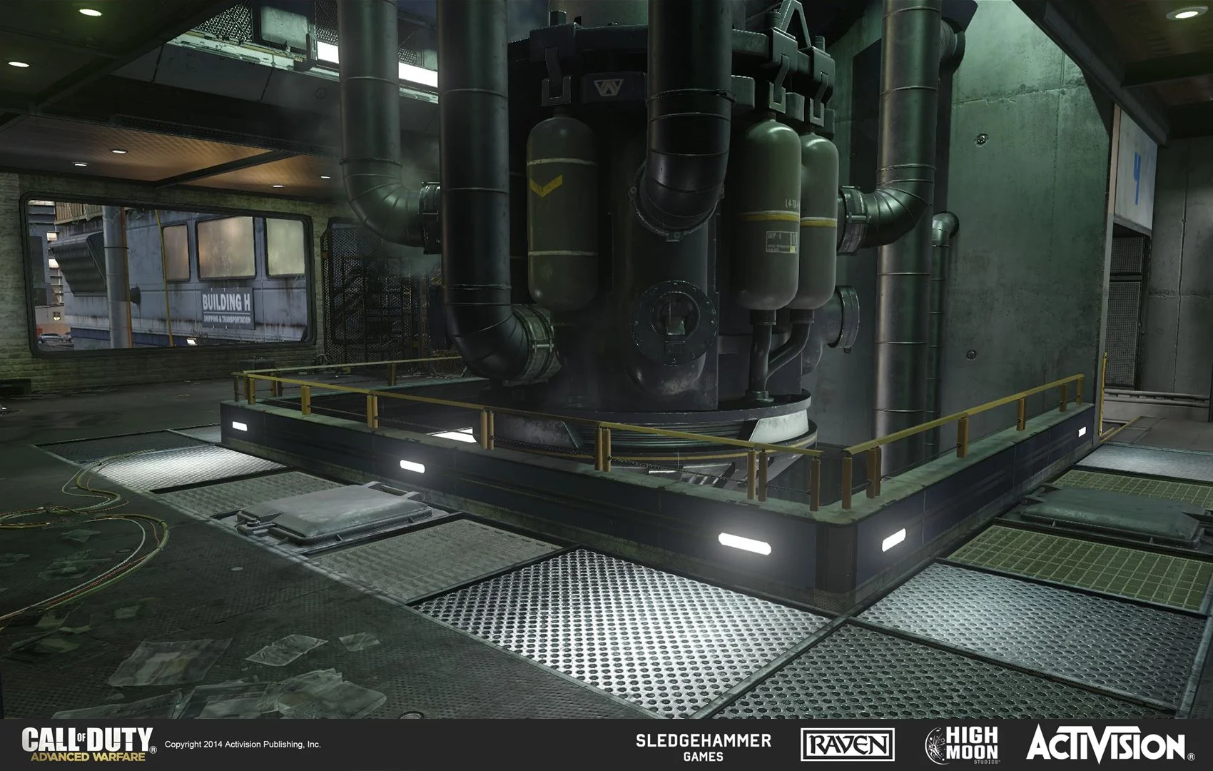 Industrial room with large machinery, pipes, and valves, with a view of a cityscape through a window.