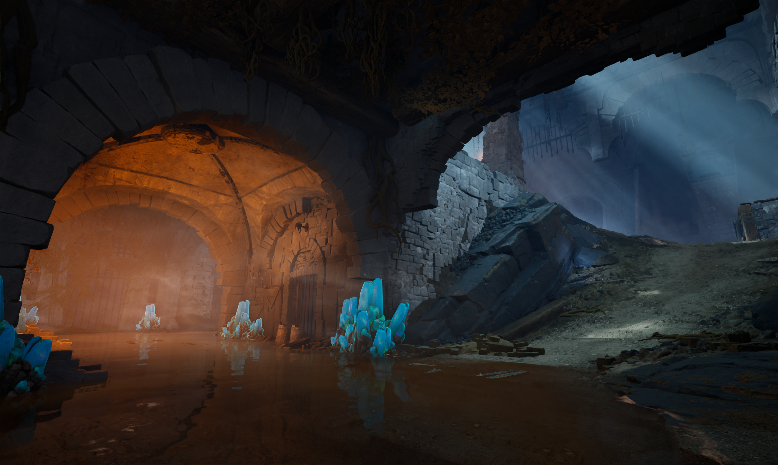 Dark, underground cavern with stone archways, glowing blue crystals emerging from water, and beams of light shining through cracks in the structure.