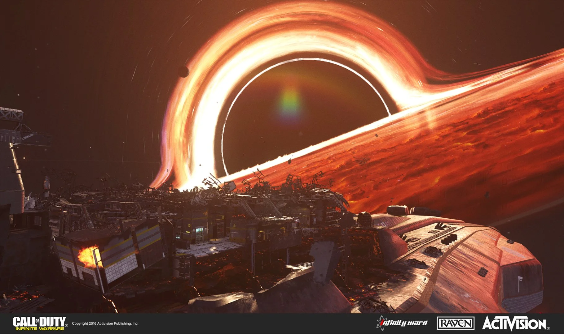 A scene from the video game Call of Duty: Infinite Warfare showing space station debris and a cosmic event with a planet and a large fiery ring in space.