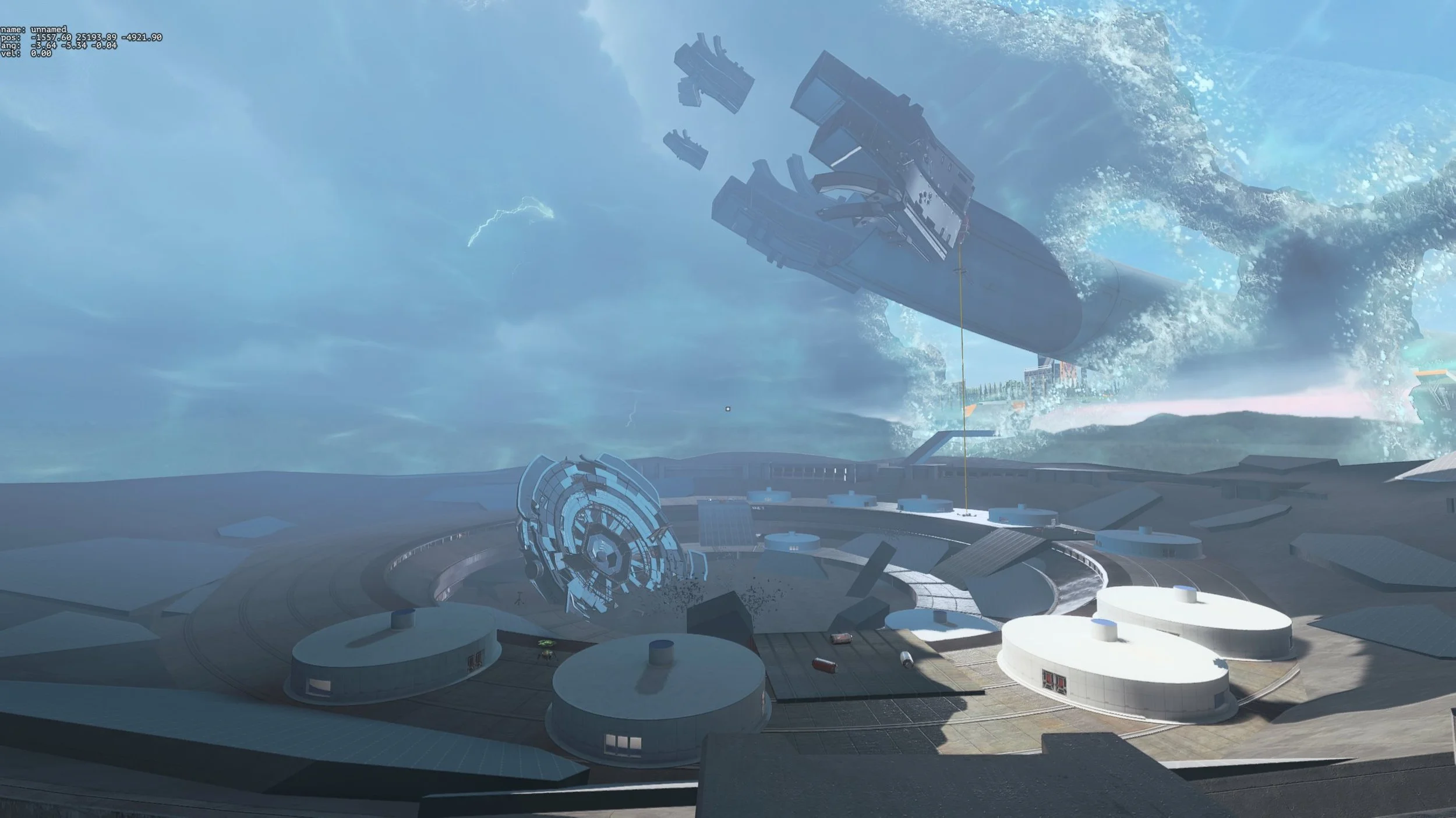 A futuristic scene with a large spacecraft crashing into a building, causing an explosion with water and debris. The sky is stormy with lightning.