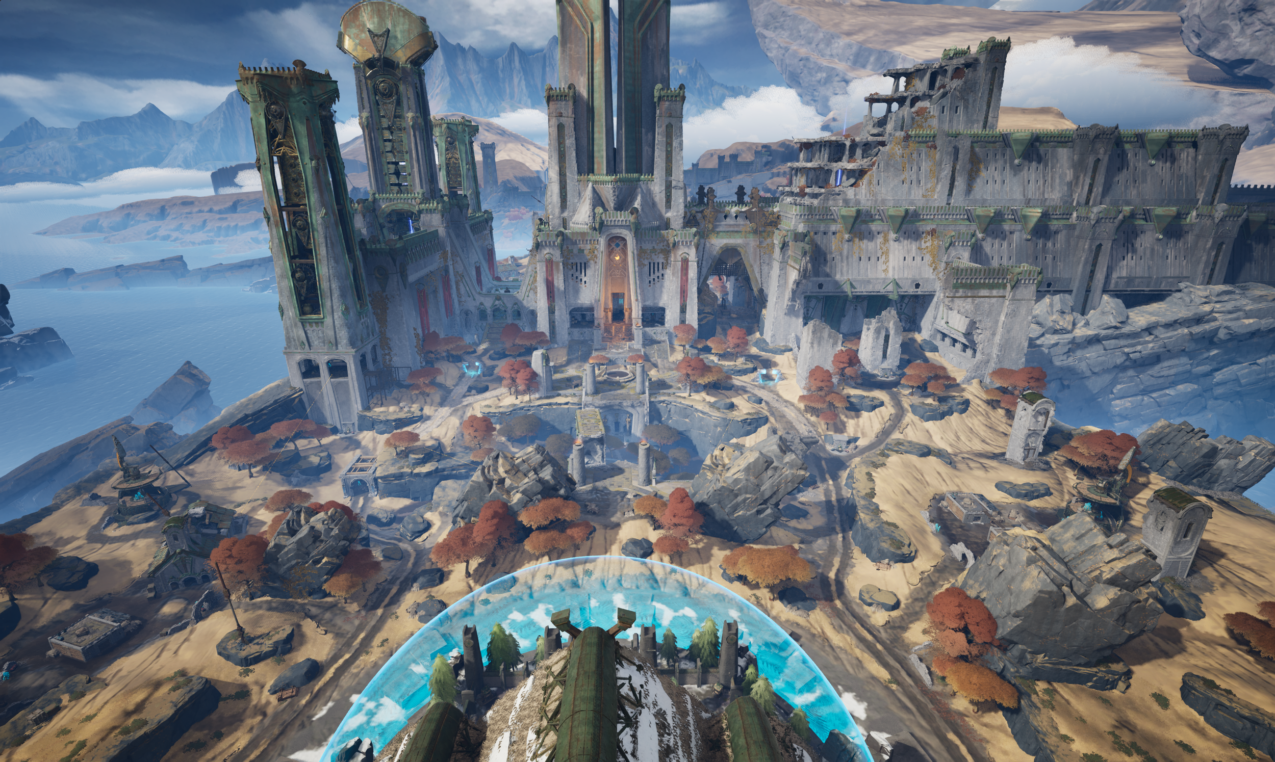 A fantasy castle with towers and walls situated on a mountainous landscape surrounded by autumn trees, with floating rocks and clouds in the sky.