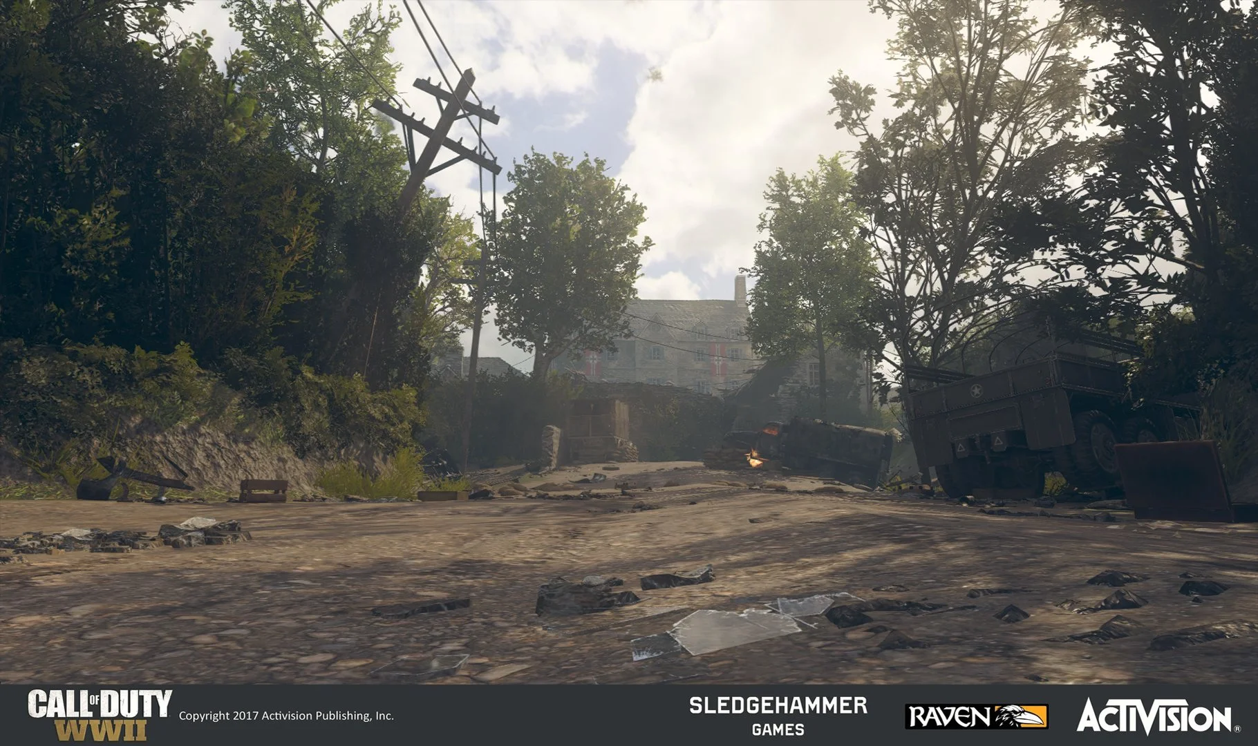 A war-torn street scene from Call of Duty WWII, featuring damaged infrastructure, overturned vehicles, and a cloudy sky, with the game and publisher logos at the bottom.